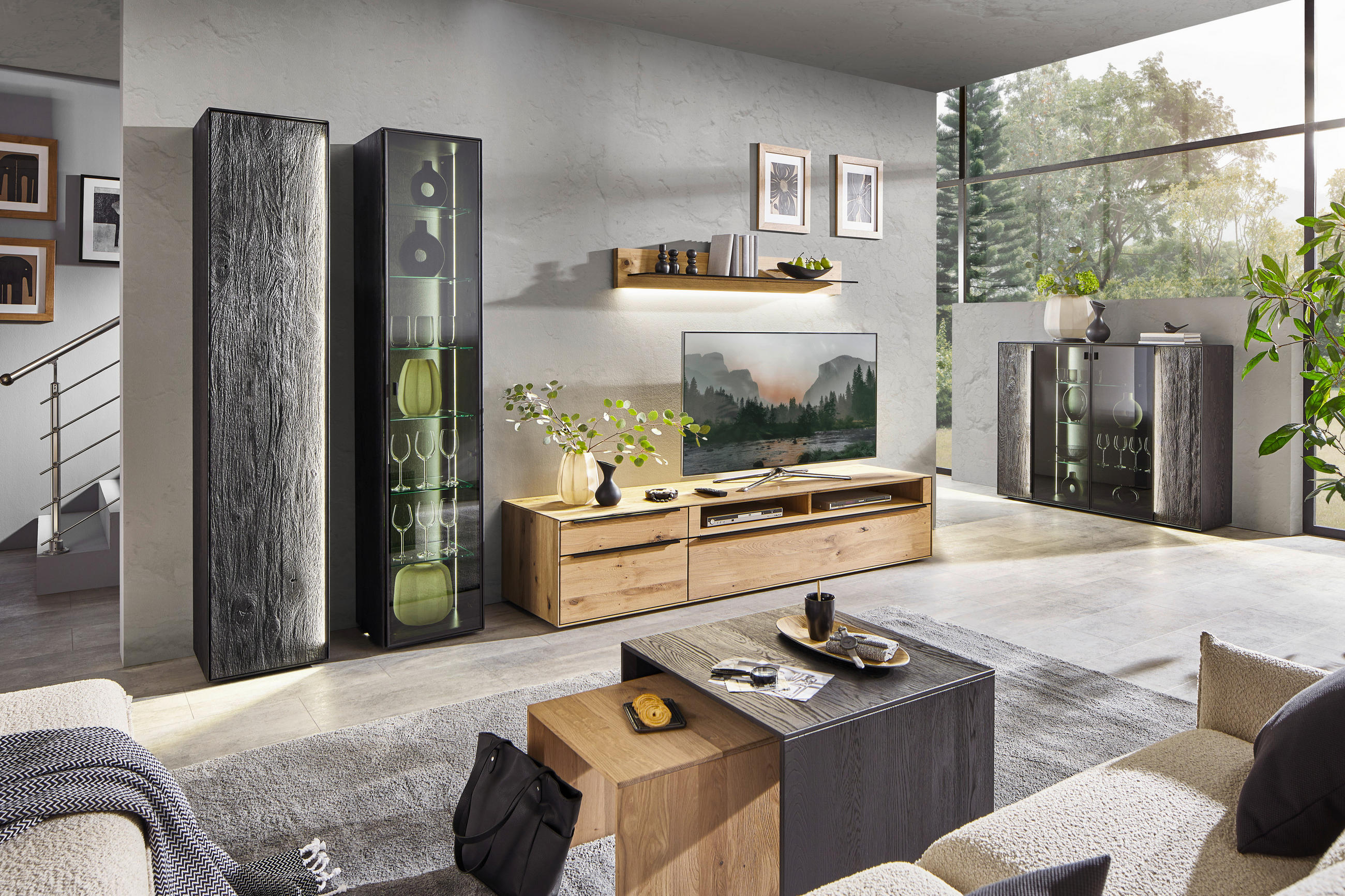 WOHNWAND  in Schwarz, Eichefarben 326/205,5/53,7 cm  - Eichefarben/Anthrazit, Natur, Glas/Holz (326/205,5/53,7cm) - Valnatura