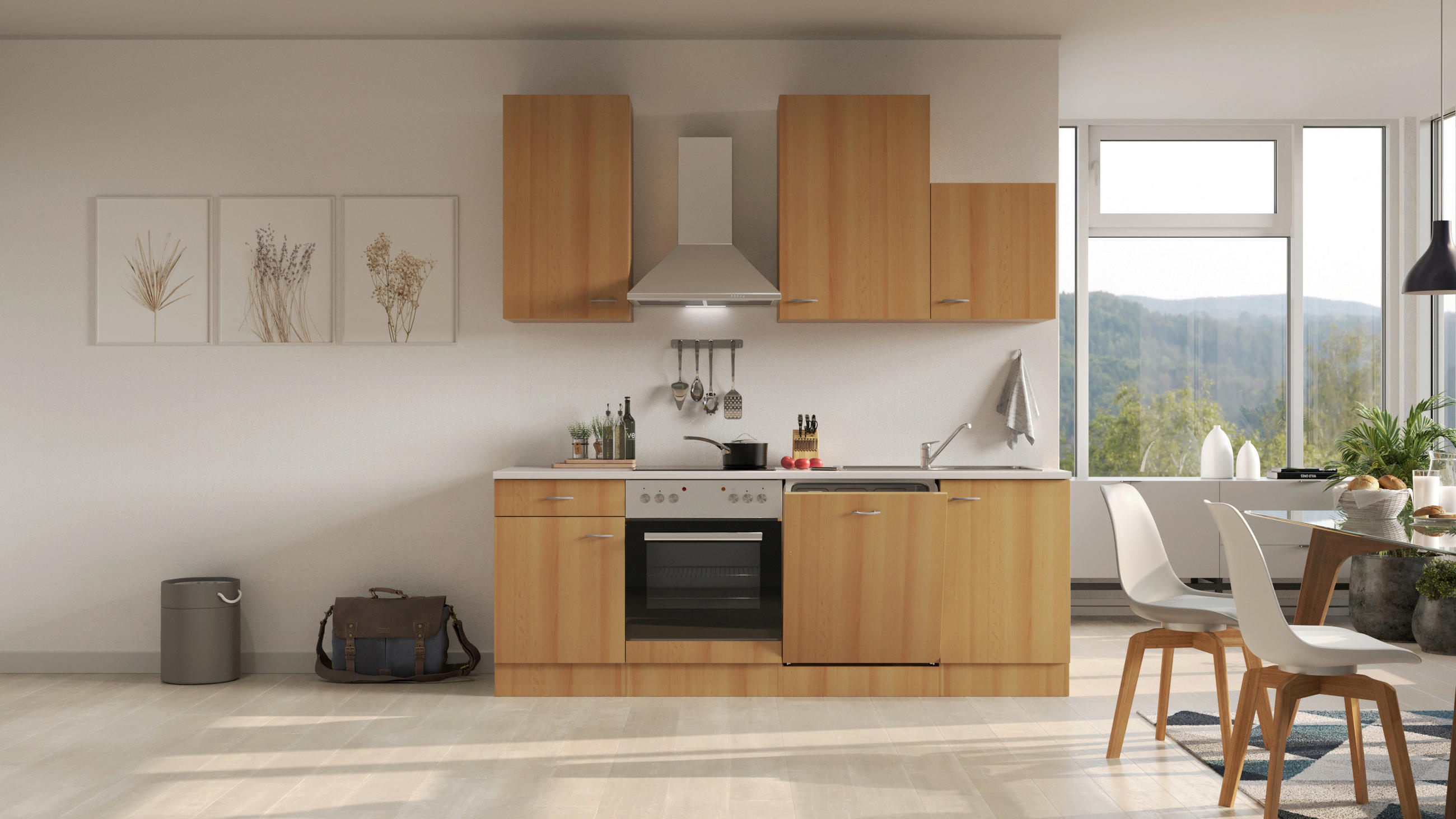 KÜCHENBLOCK 220 cm in Buchefarben - Edelstahlfarben/Beige, MODERN, Holzwerkstoff/Kunststoff (220cm) - FlexWell