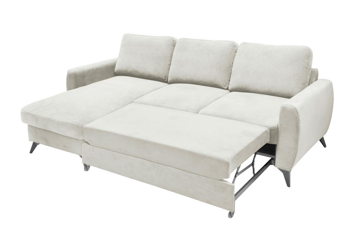 ECKSCHLAFSOFA JEFFREY Mikrovelours Creme  inkl. Rückenkissen, Stauraum, Zierkissen  - Taupe/Creme, KONVENTIONELL, Textil/Metall (230/150cm) - Livetastic