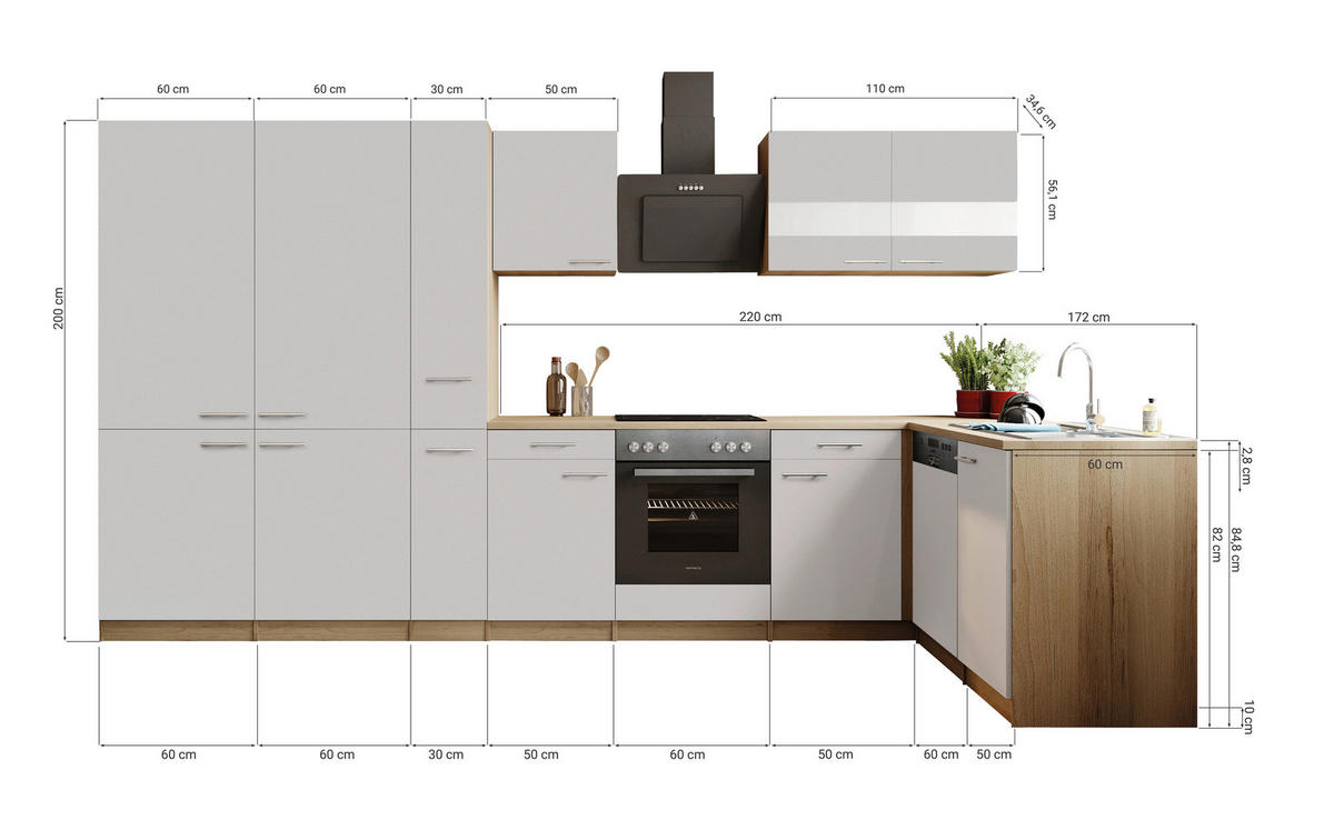 ECKKÜCHE Merle 370/172 cm  in Weiß  - Edelstahlfarben/Eichefarben, Trend, Holzwerkstoff/Metall (370/172cm) - Respekta