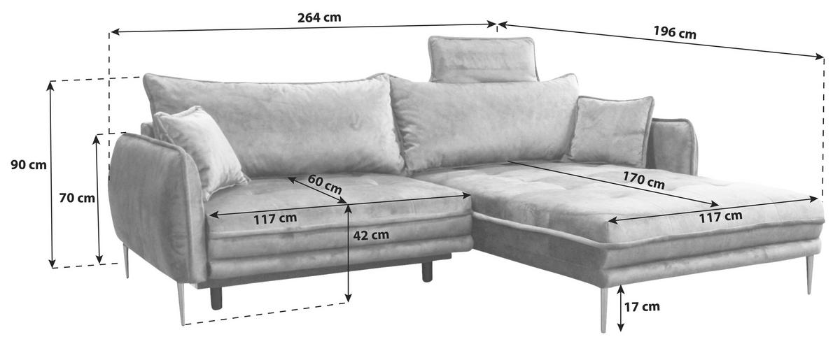 ECKSOFA  in Velours Anthrazit  264/196 cm  - Anthrazit/Goldfarben, Design, Textil/Metall (264/196cm) - MID.YOU