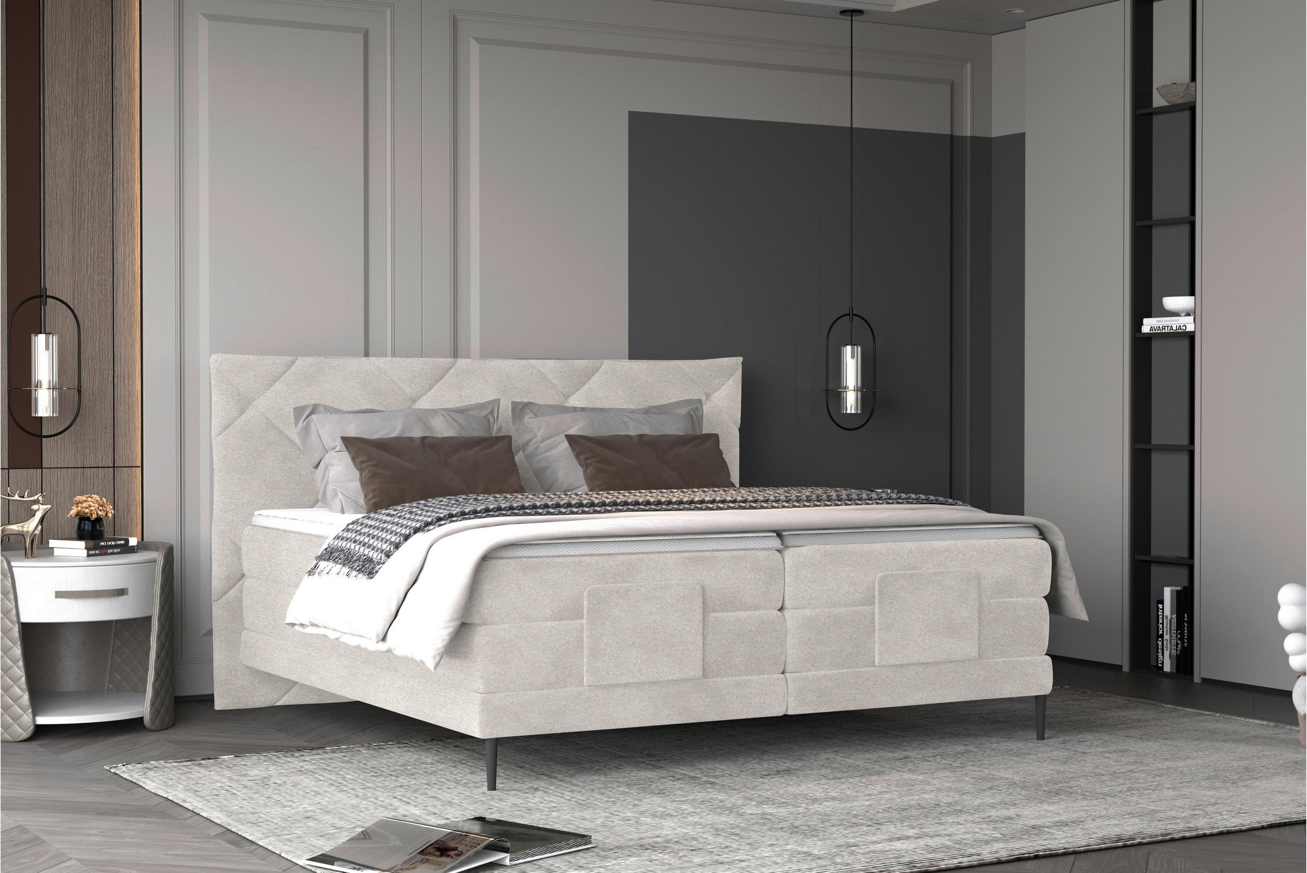 KONTINENTALSÄNG 180/200 cm  i beige  - beige/svart, Klassisk, metall/textil (180/200cm) - Esposa