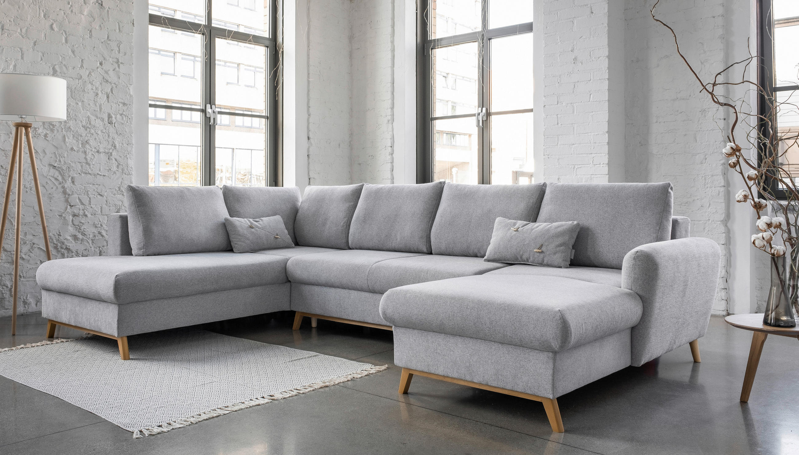 WOHNLANDSCHAFT Hellgrau Chenille  - Hellgrau/Naturfarben, Holz/Textil (202/312/157cm) - MID.YOU