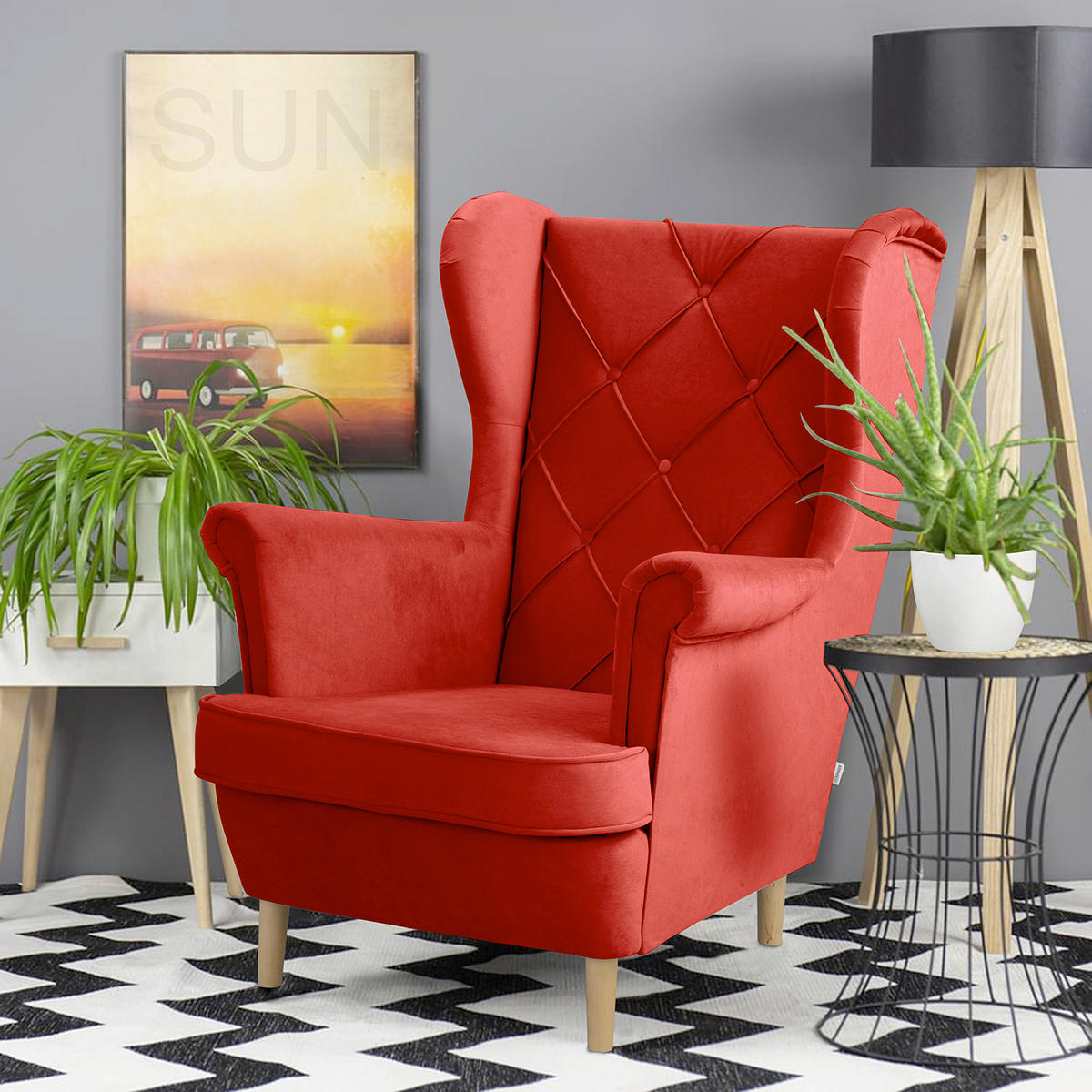 OHRENSESSEL Samt Rot  - Rot, Design, Holz/Textil (84/105/90cm) - P & B