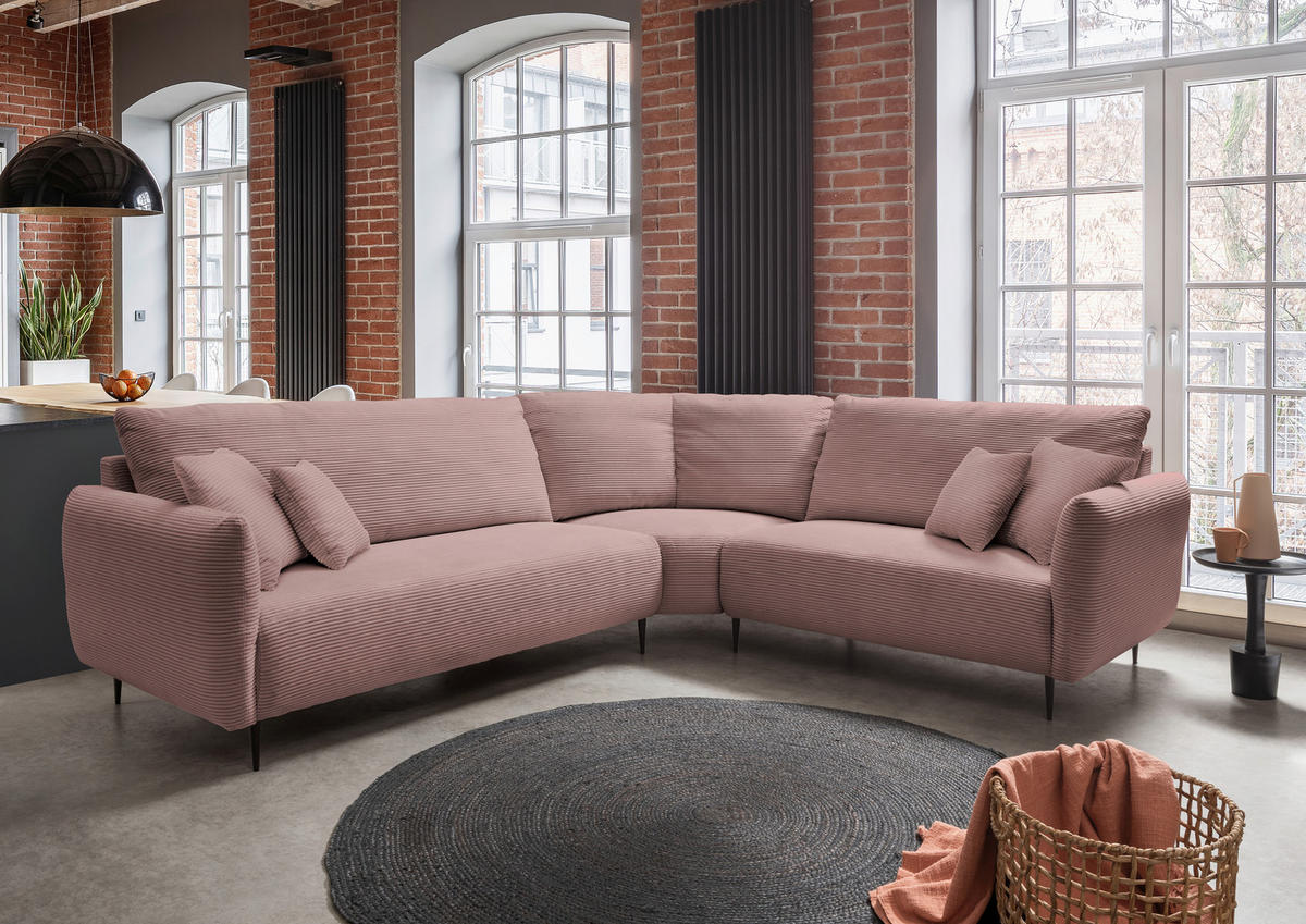 ECKSOFA in Cord Rosa  - Schwarz/Rosa, Design, Textil/Metall (294/256cm) - Livetastic