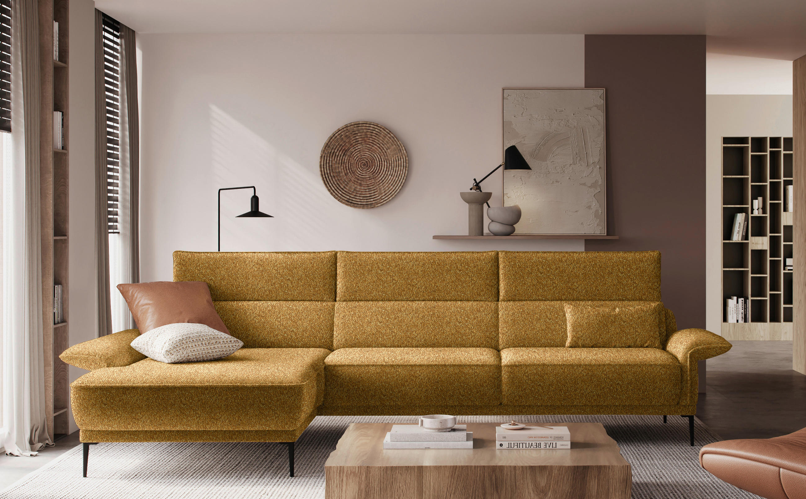 ECKSOFA in Bouclé Goldfarben  - Goldfarben/Schwarz, Modern, Textil/Metall (186/330cm) - Johann Jakob