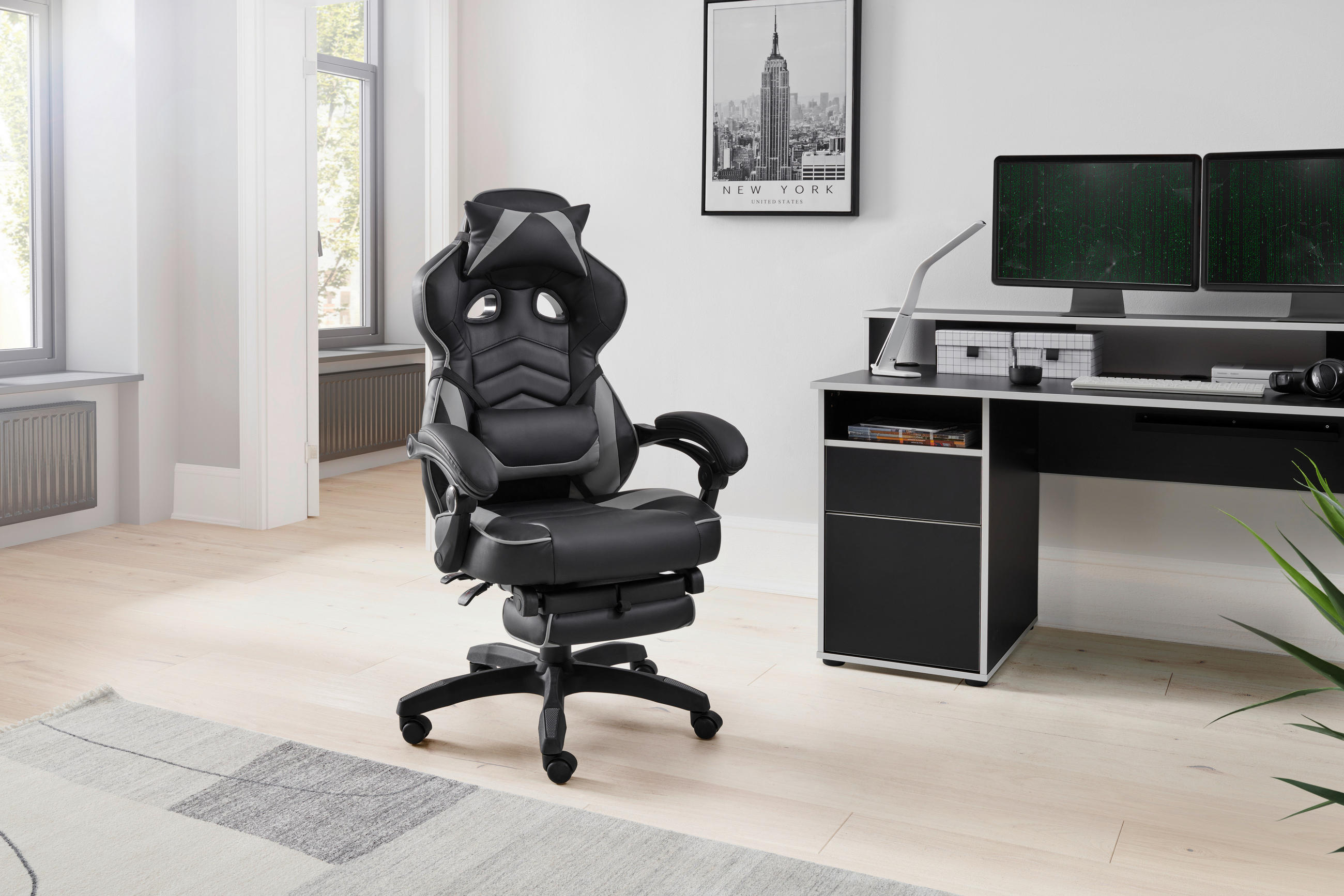 GAMINGSTUHL in Lederlook, Mikrofaser Grau, Schwarz - Schwarz/Grau, Lifestyle, Holz/Kunststoff (68,5/116-124/65cm) - Livetastic