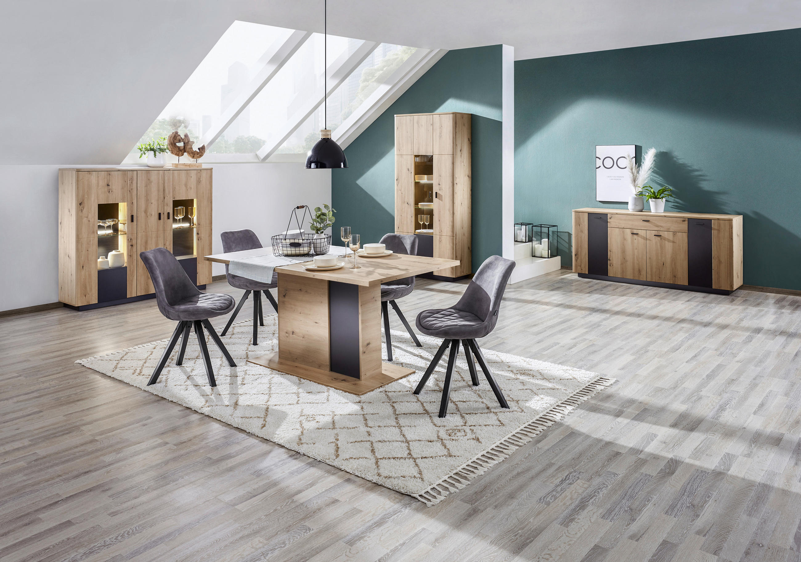 HIGHBOARD  in 150/137/37 cm  - Eichefarben/Anthrazit, Design, Glas/Holzwerkstoff (150/137/37cm) - Carryhome