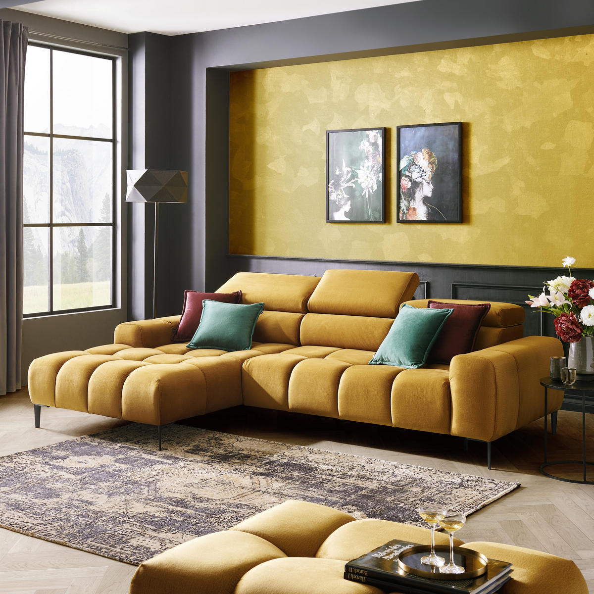 ECKSOFA in Webstoff Currygelb  - Currygelb/Schwarz, Design, Textil/Metall (177/270cm) - Welnova