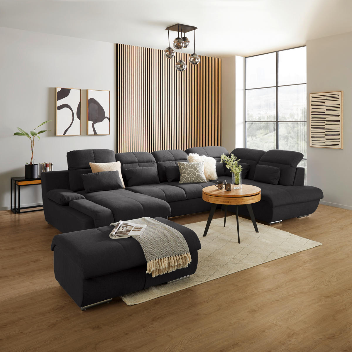 WOHNLANDSCHAFT in Mikrofaser Anthrazit  - Chromfarben/Dunkelgrau, Modern, Textil/Metall (184/345/228cm) - MID.YOU