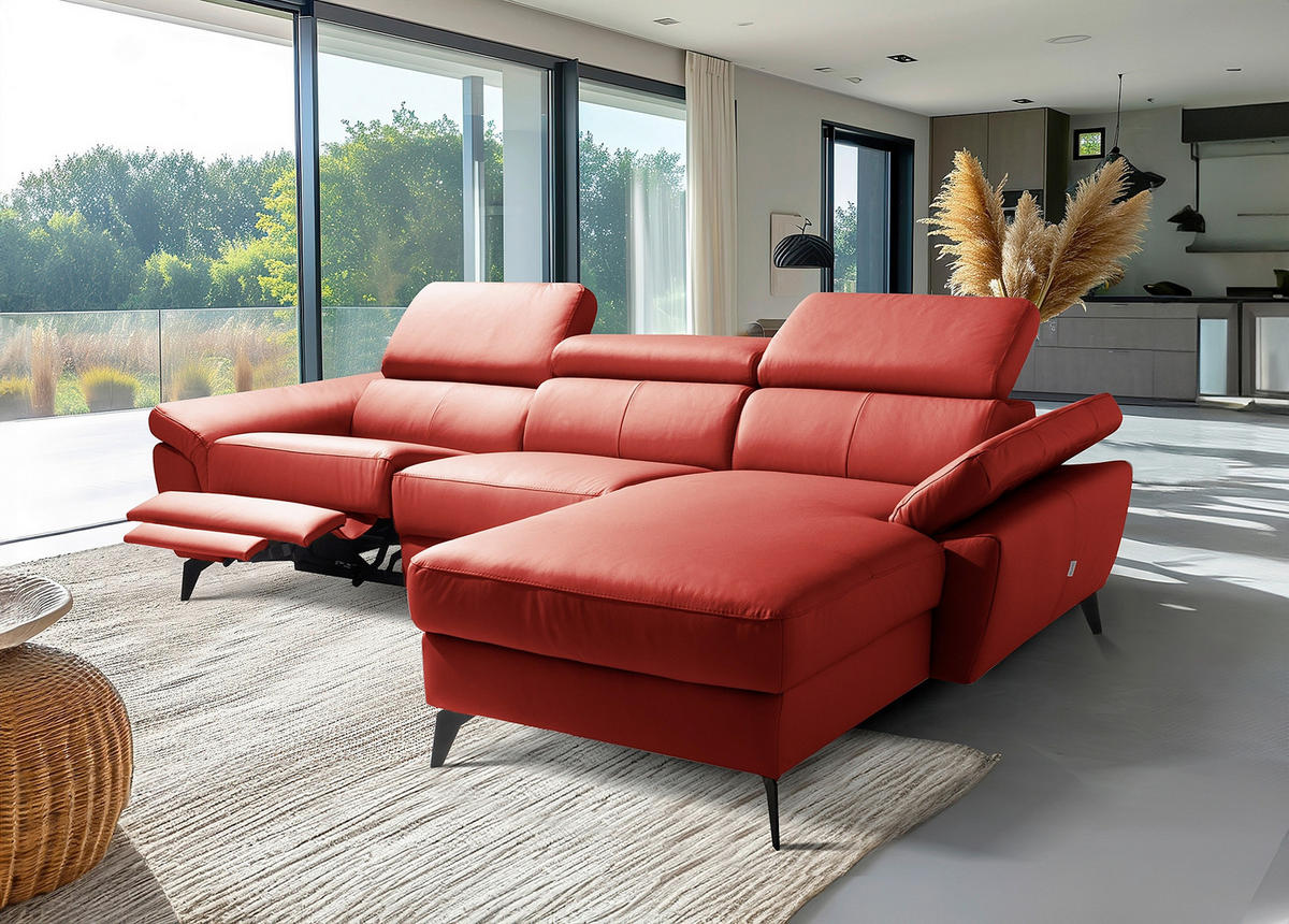 ECKSOFA SONO in Lederlook Echtleder Rot Armteilverstellung, Kopfteilverstellung  252/179 cm  - Rot/Schwarz, Design, Leder/Textil (252/179cm) - Livetastic