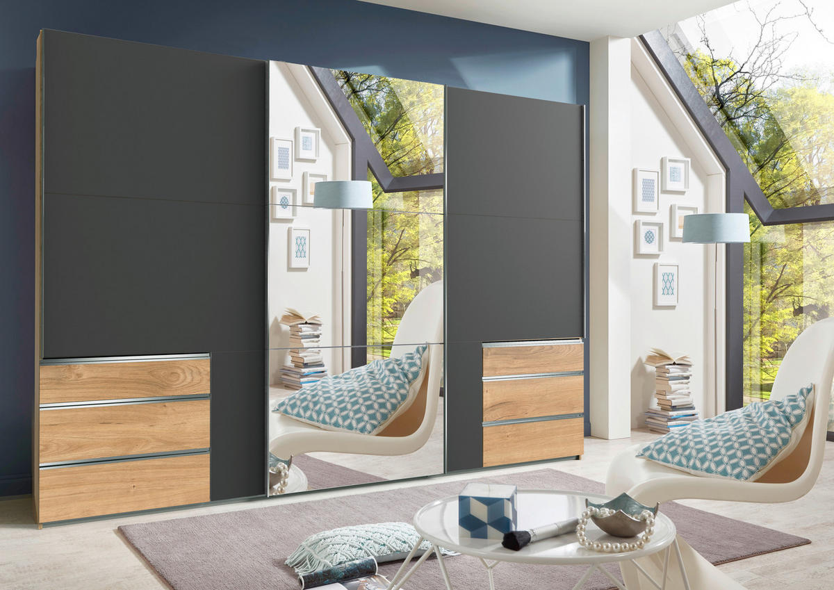 GARDEROB MED SKJUTDÖRRAR 300/216/65 cm 3-dörrar - kromfärg/grafitfärgad, Modern, metall/trämaterial (300/216/65cm) - MID.YOU