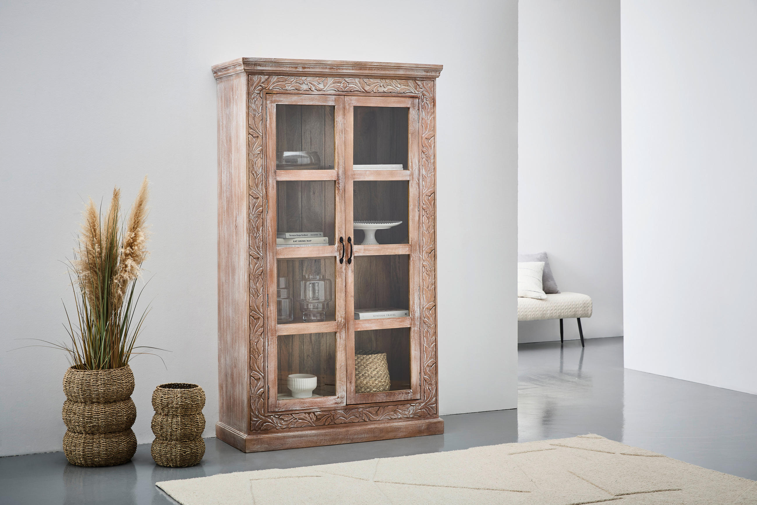 VITRINE in vollmassiv Mangoholz Weiß  - Schwarz/Weiß, Design, Glas/Holz (110/190/45cm) - Livetastic