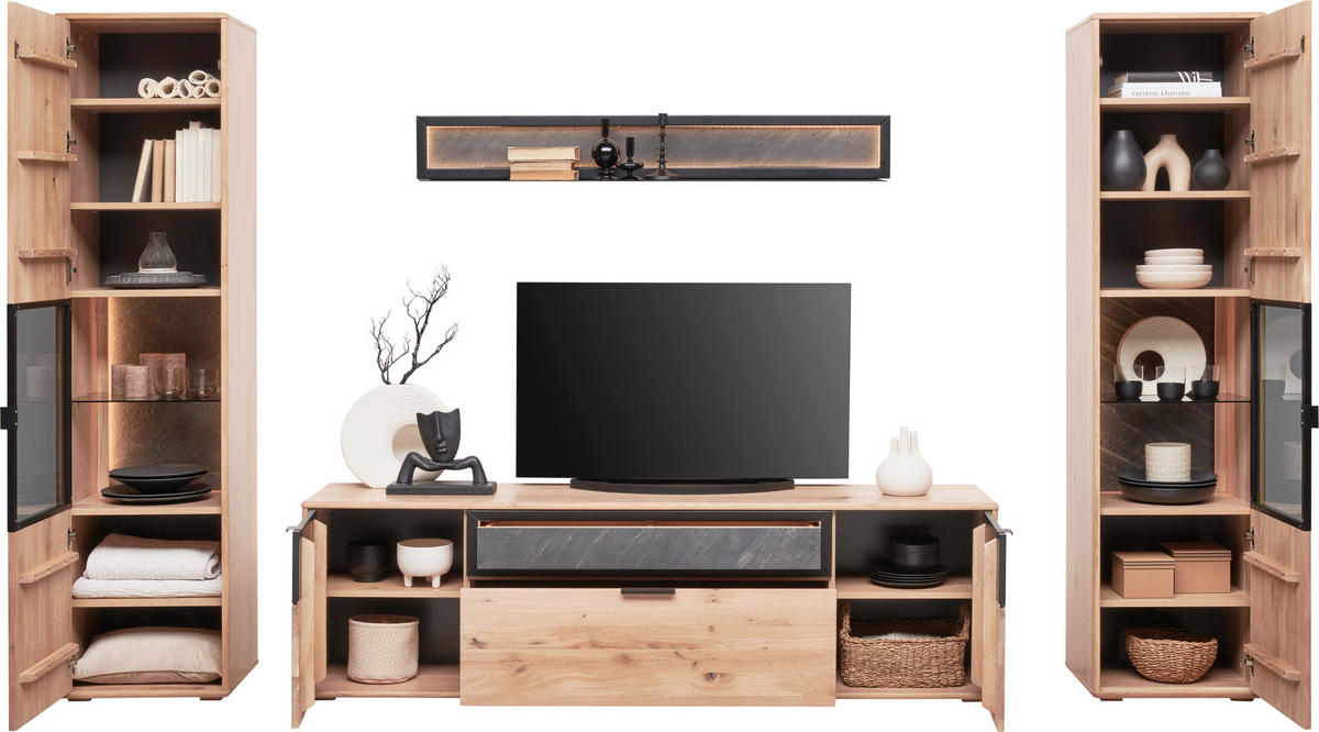 WOHNWAND  in Eiche Bianco, Schwarz 320/197,6/42 cm  - Eiche Bianco/Schwarz, Natur, Glas/Holz (320/197,6/42cm) - Linea Natura