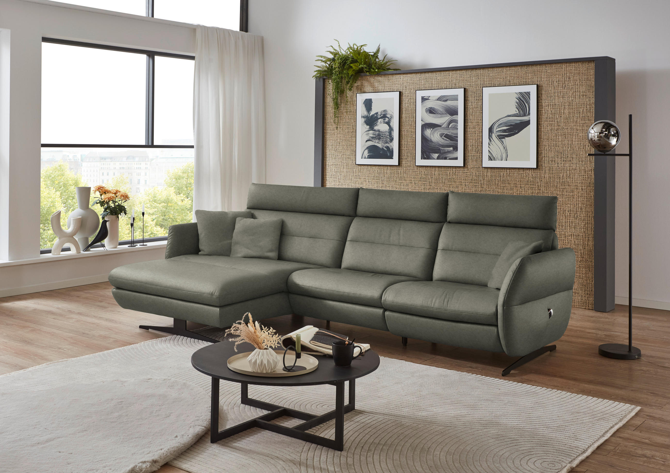ECKSOFA in Echtleder Grau  - Schwarz/Grau, Design, Leder/Metall (169/298cm) - Dieter Knoll