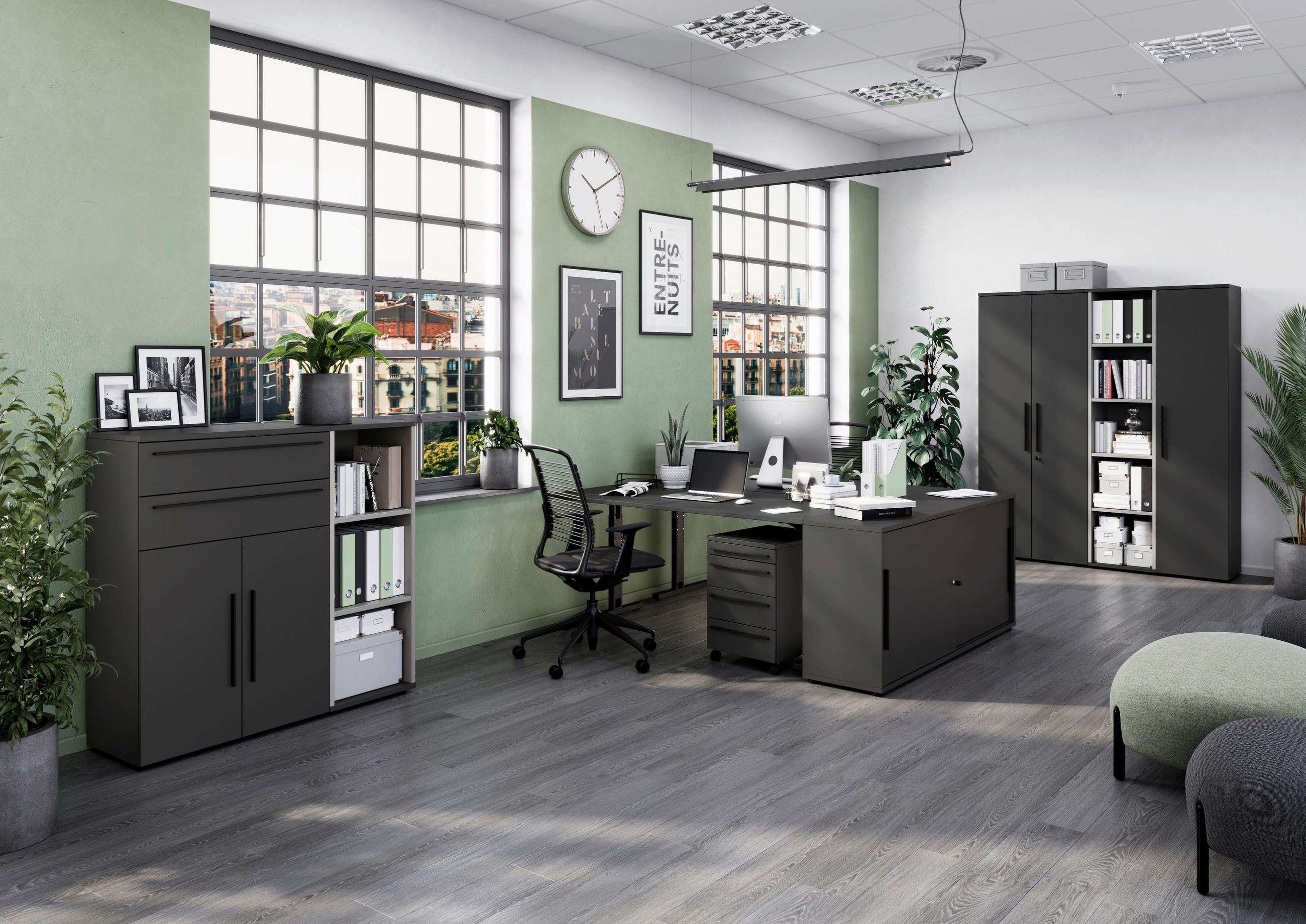 NISKA KOMODA   160/74/40 cm   boje grafita   - boje grafita/crna, Moderno, drvni materijal/metal (160/74/40cm)