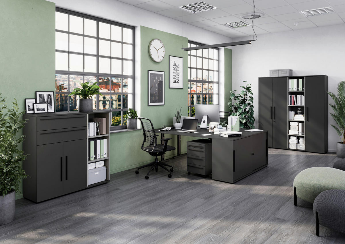 NISKA KOMODA   160/74/40 cm   boje grafita   - boje grafita/crna, Moderno, drvni materijal/metal (160/74/40cm)