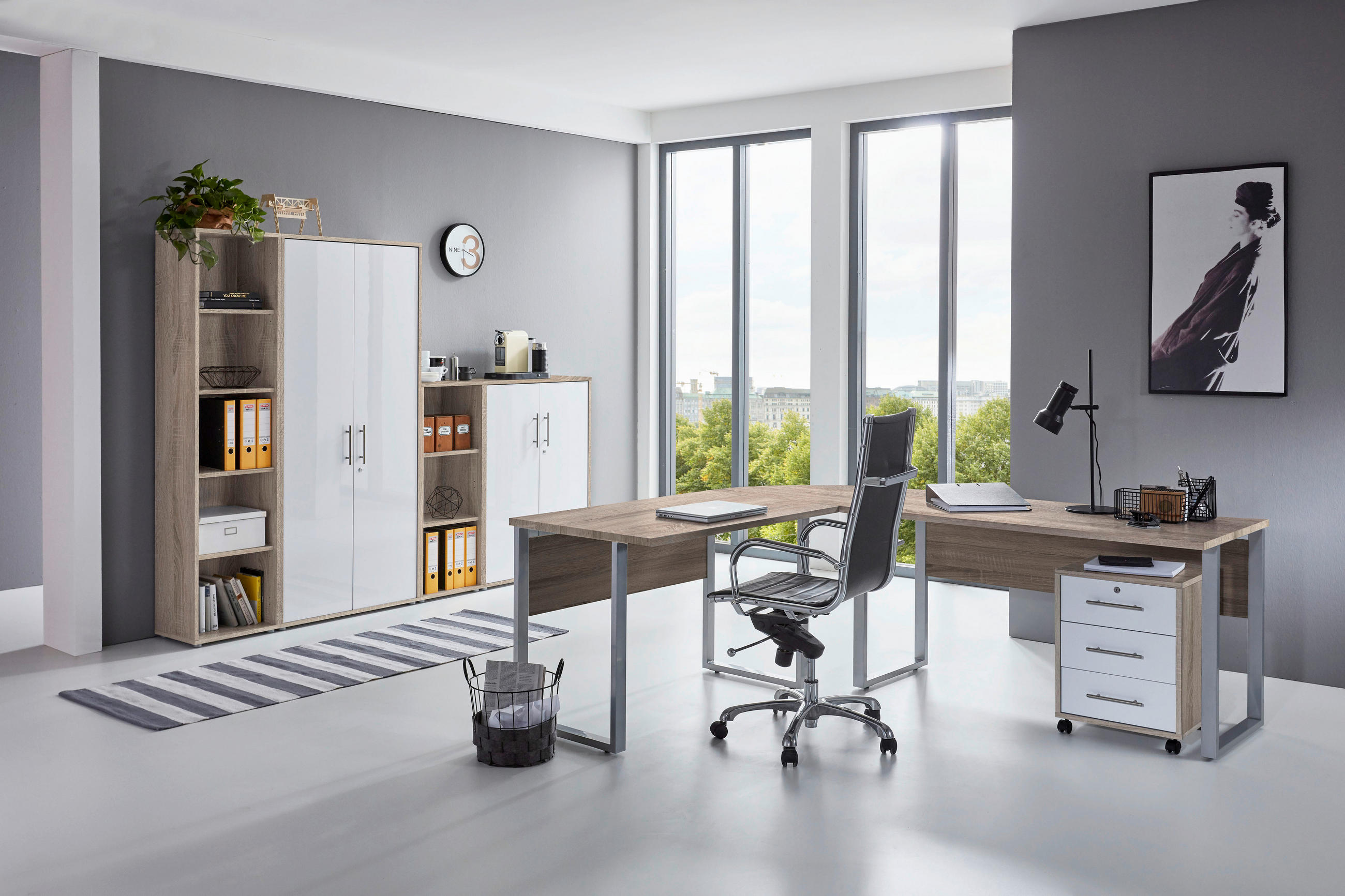 BÜRO erweiterbar, in verschiedenen Holz-Dekoren erhältlich, Schreibtisch seitenverkehrt montierbar, abschließbar Sonoma Eiche, Weiß Hochglanz - Weiß Hochglanz/Sonoma Eiche, MODERN, Holzwerkstoff - MID.YOU