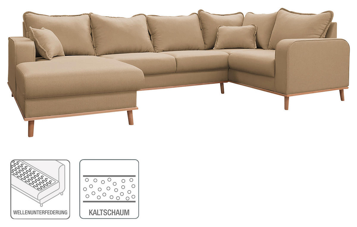 WOHNLANDSCHAFT Sandfarben  - Sandfarben/Wengefarben, Design, Holz/Textil (170/296/167cm) - Livetastic