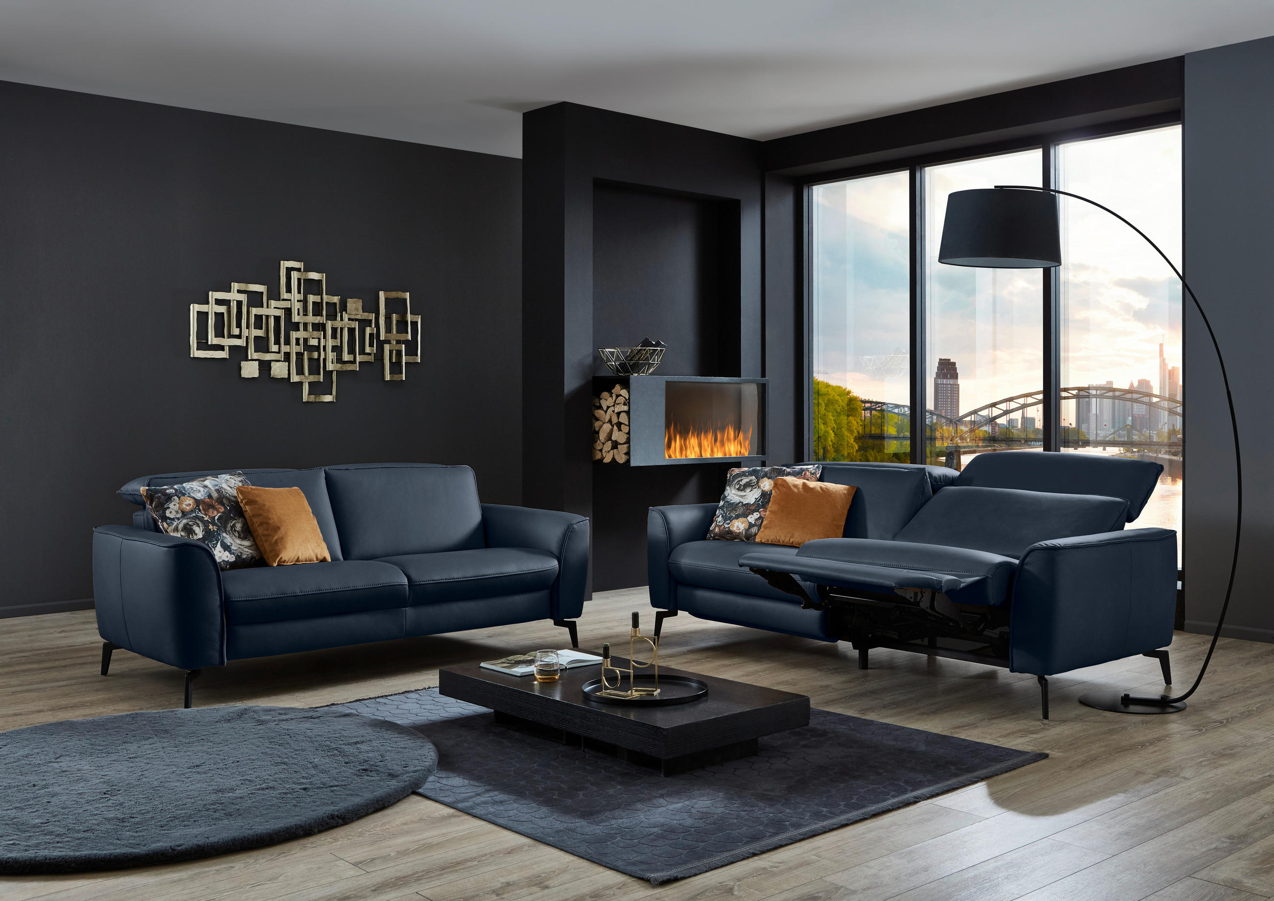3-SITZER-SOFA in Echtleder Dunkelblau  - Schwarz/Dunkelblau, Natur, Leder/Metall (222/81/110cm) - Valdera