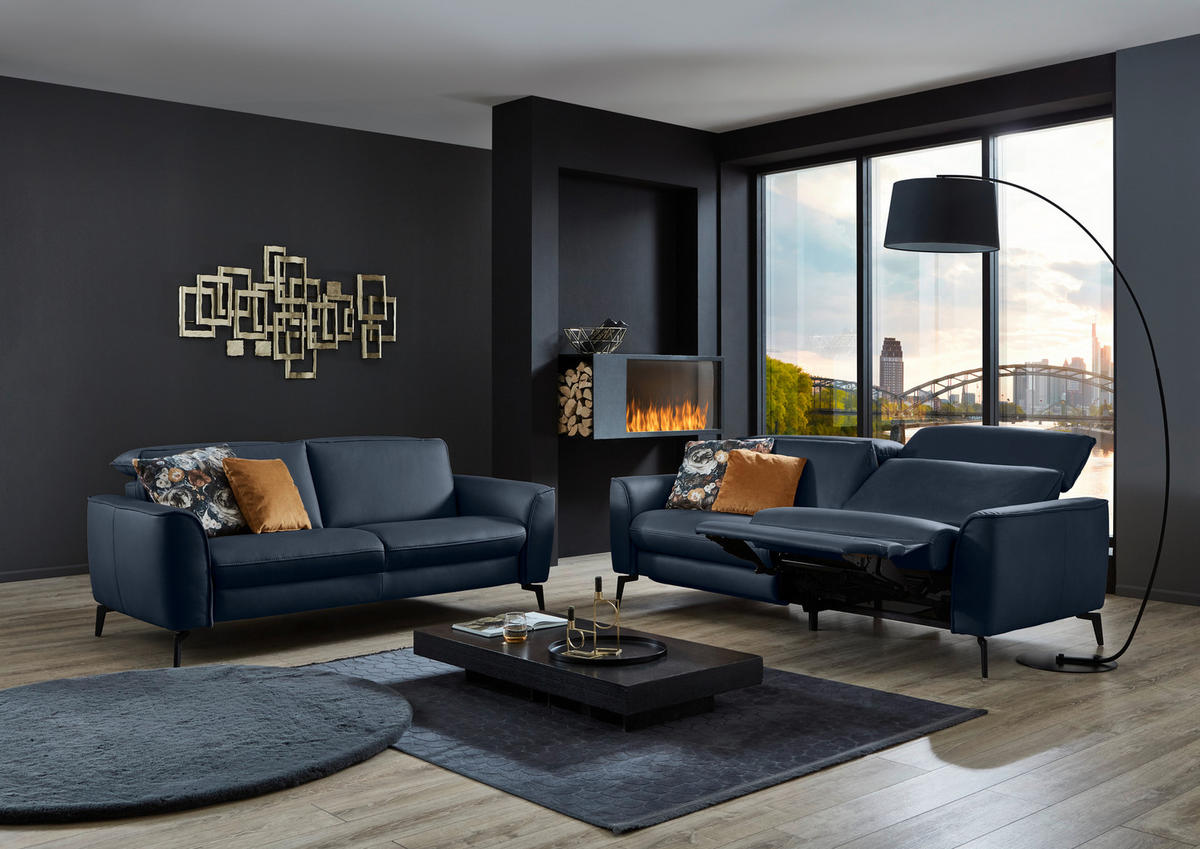 3-SITZER-SOFA in Echtleder Dunkelblau  - Schwarz/Dunkelblau, Natur, Leder/Metall (222/81/110cm) - Valdera