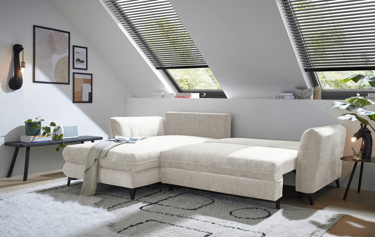 HÖRNBÄDDSOFFA 3-sits i chenille elfenbensfärgad  - svart/elfenbensfärgad, Basics, textil/plast (286/192cm) - Livetastic