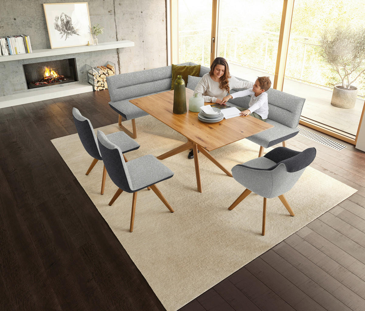 STUHL in Holz, Textil Hellgrau, Dunkelgrau  - Dunkelgrau/Eichefarben, Design, Holz/Textil (48/91/63cm) - Koinor