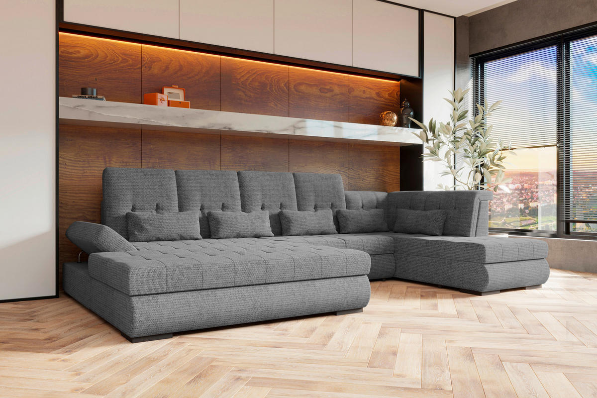 WOHNLANDSCHAFT Grau Struktur  - Schwarz/Grau, KONVENTIONELL, Kunststoff/Textil (212/358/222cm) - Carryhome