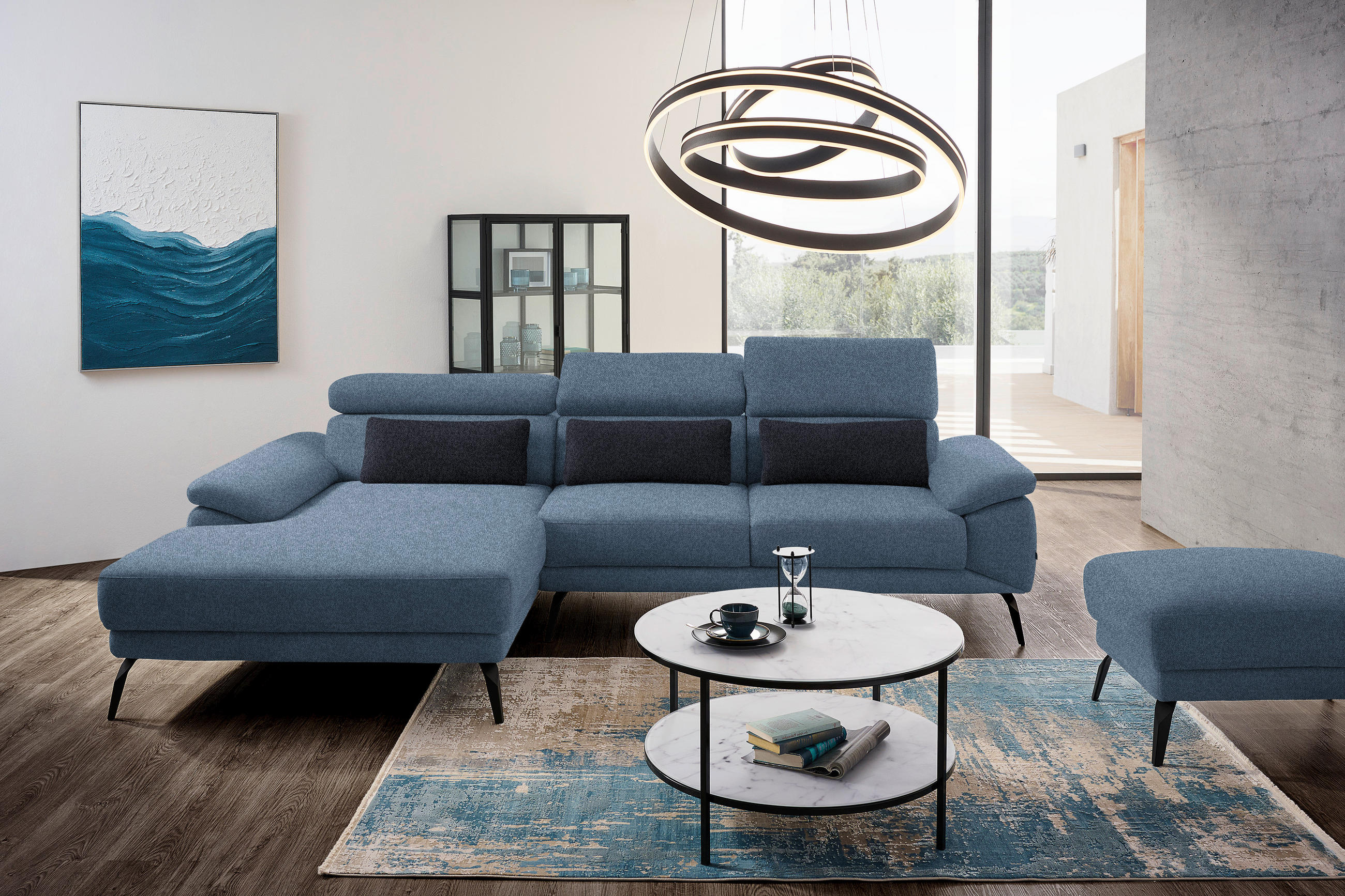 ECKSOFA in Velours Blau  - Blau/Schwarz, Design, Textil/Metall (187/295cm) - Novel