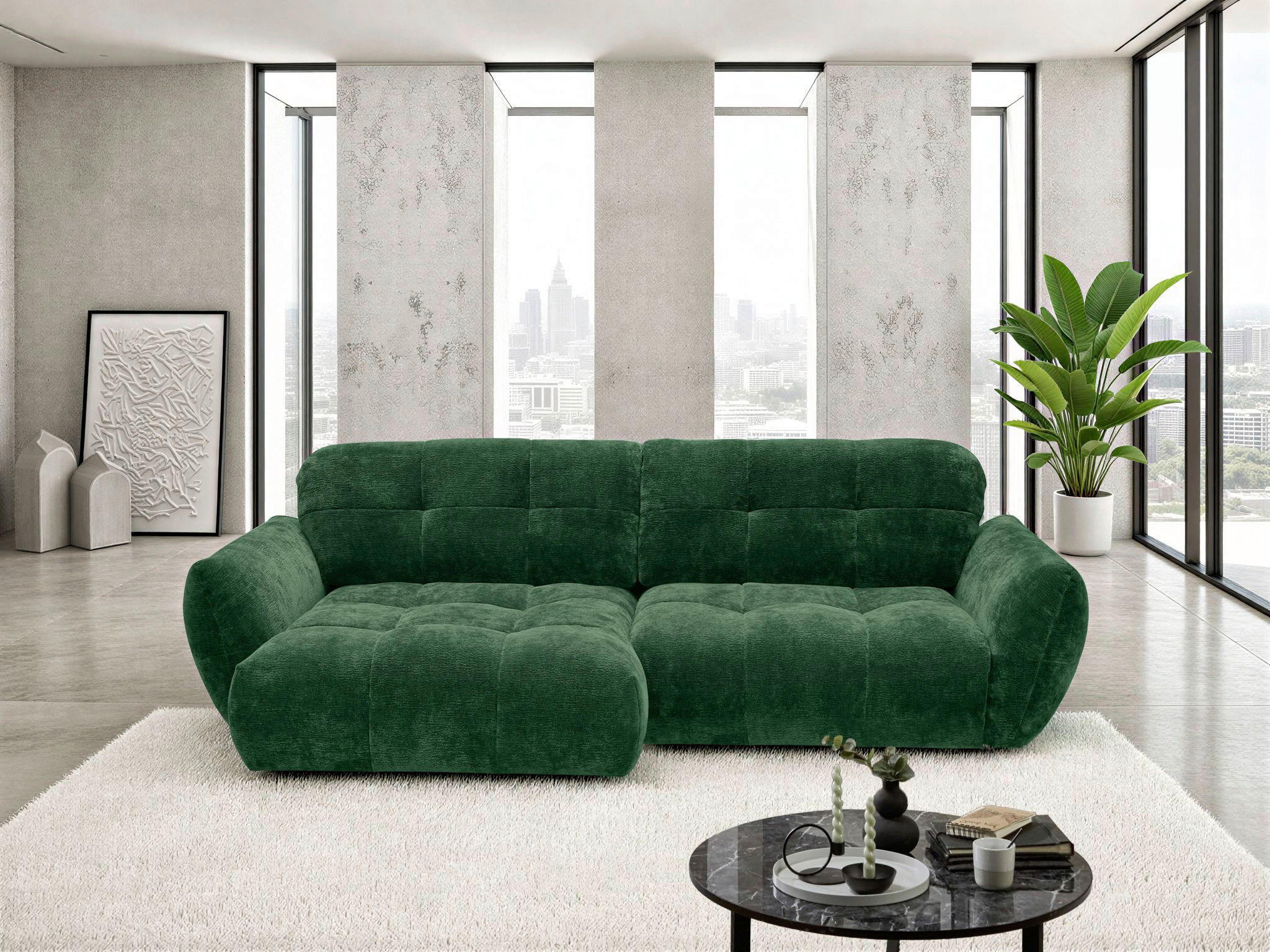 ECKSOFA NIVO Dunkelgrün Chenille Rücken echt  - Dunkelgrün/Schwarz, MODERN, Kunststoff/Textil (175/312cm) - Livetastic