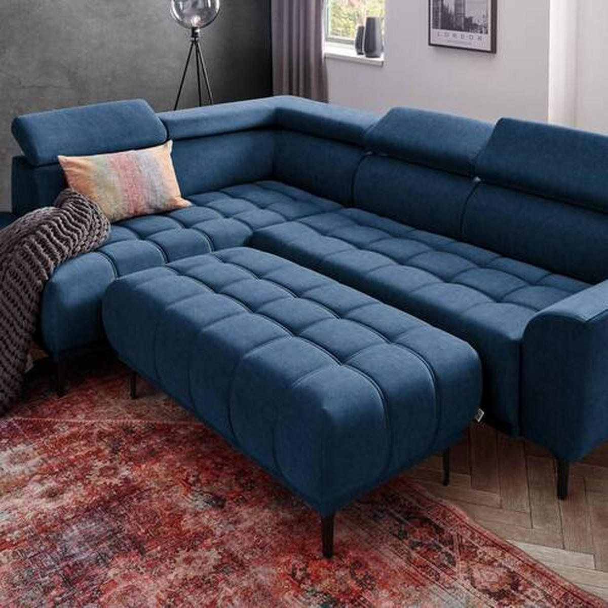 ECKSOFA Dunkelblau Velours  - Schwarz/Dunkelblau, Design, Textil/Metall (191/261cm) - Stylife