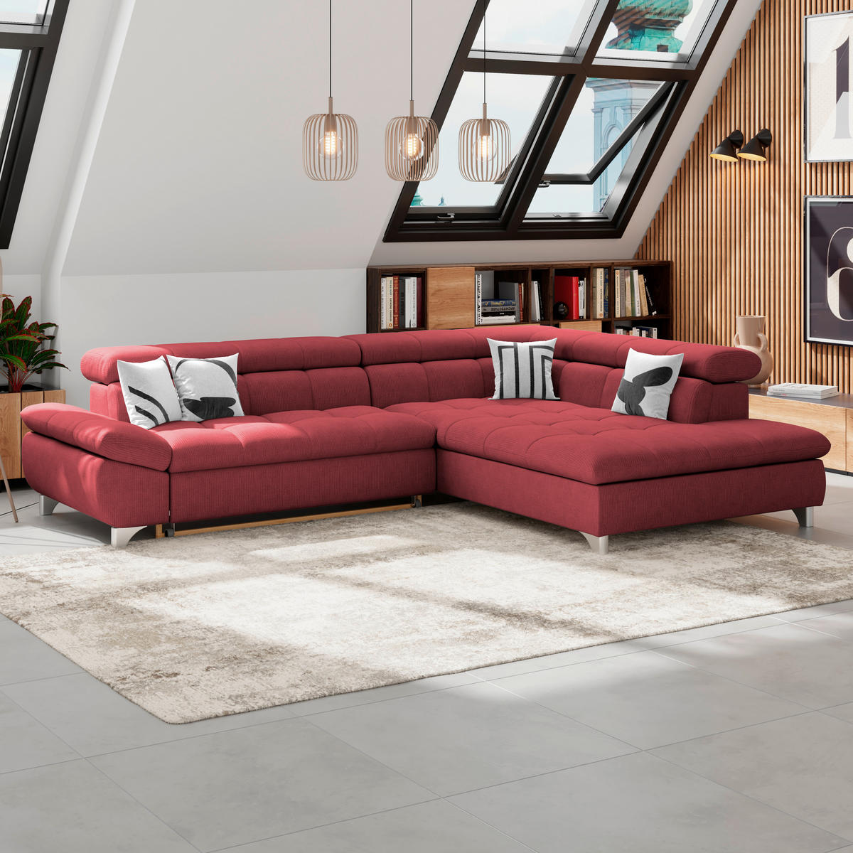 ECKSOFA Bordeaux Chenille  - Chromfarben/Bordeaux, KONVENTIONELL, Textil/Metall (312/234cm) - Livetastic