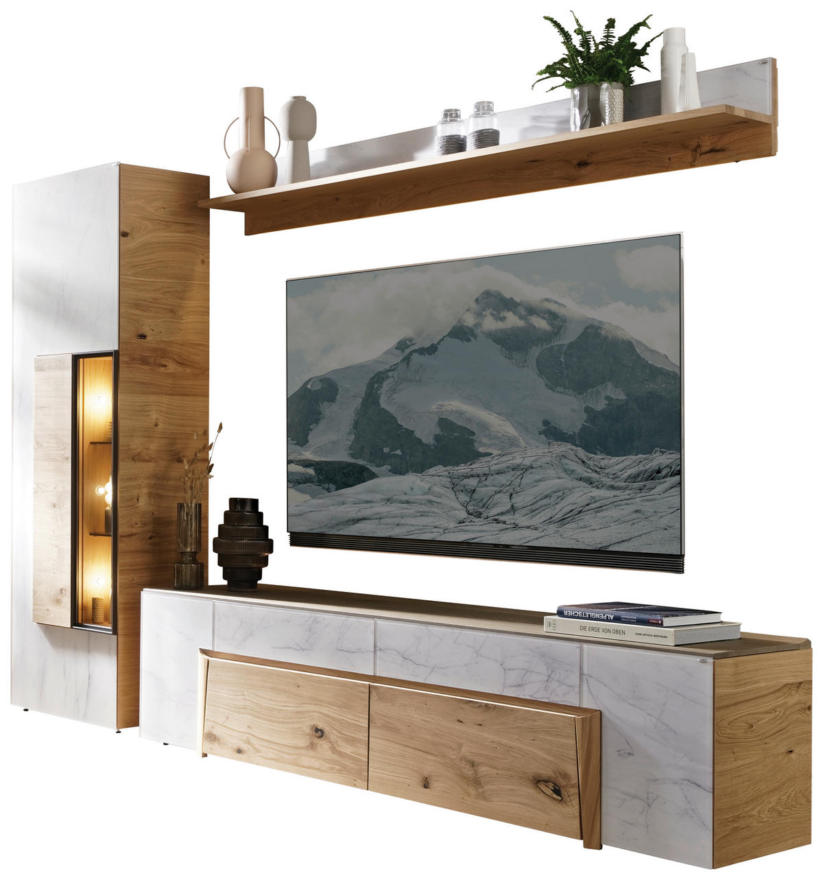 WOHNWAND  in Weiss, Eichefarben 288/194/44,6 cm  - Weiss/Eichefarben, Natur, Glas/Holz (288/194/44,6cm) - Voglauer