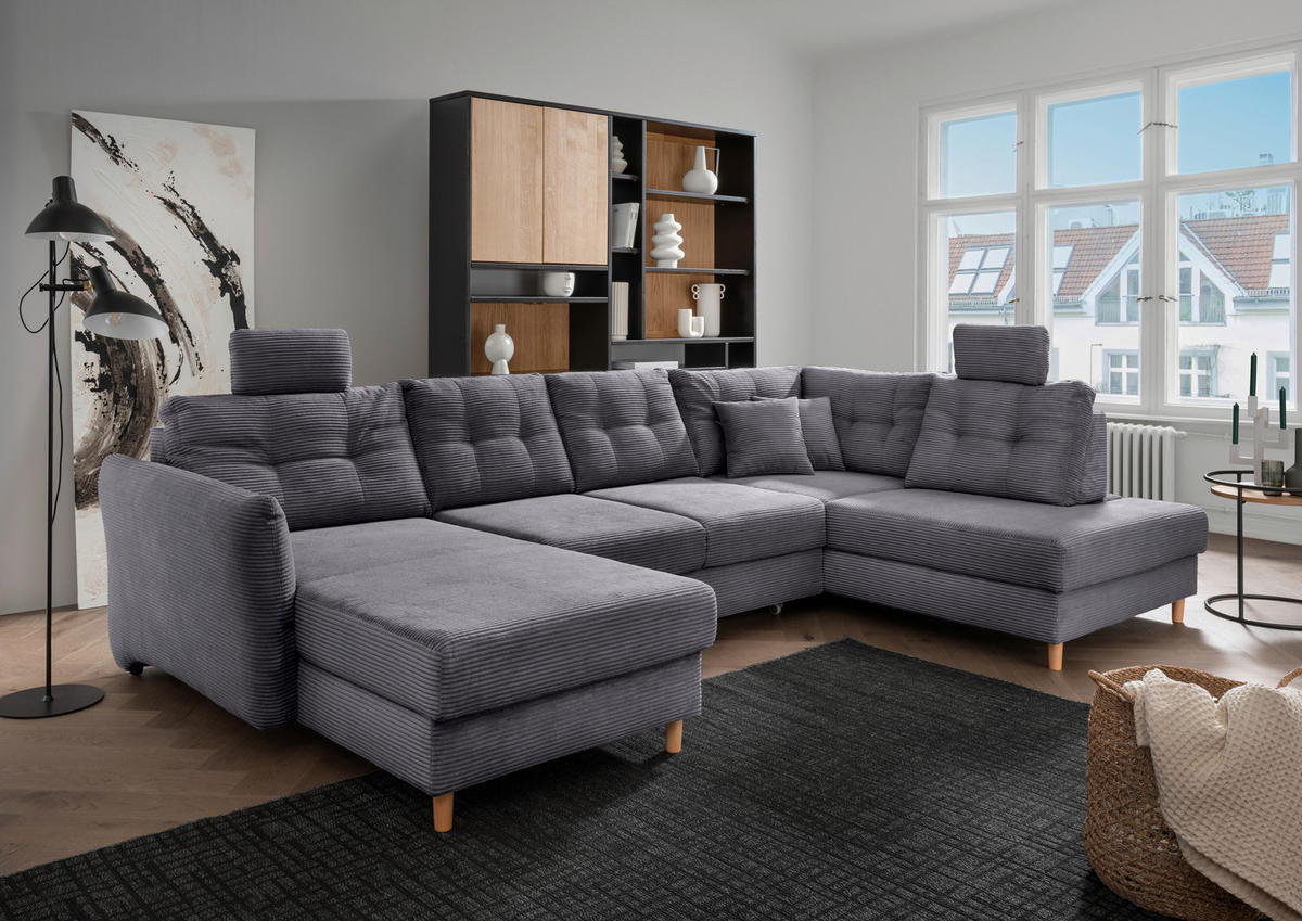 WOHNLANDSCHAFT in Cord Grau  - Naturfarben/Grau, Modern, Holz/Textil (176/338-352/206cm) - Livetastic