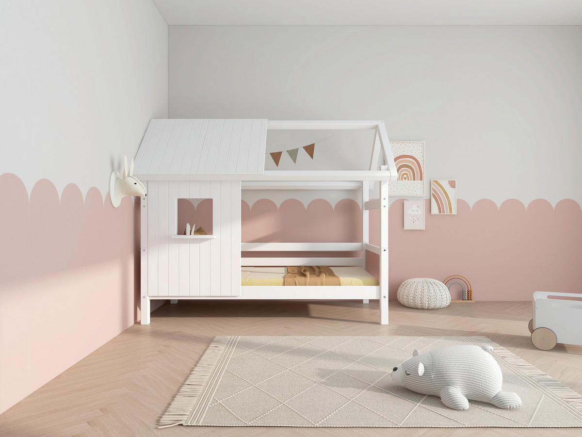 HAUSBETT 90/200 cm,  in Rosa, Weiß, Rollrost  - Rosa/Weiß, MODERN, Holz (90/200cm) - Chameo