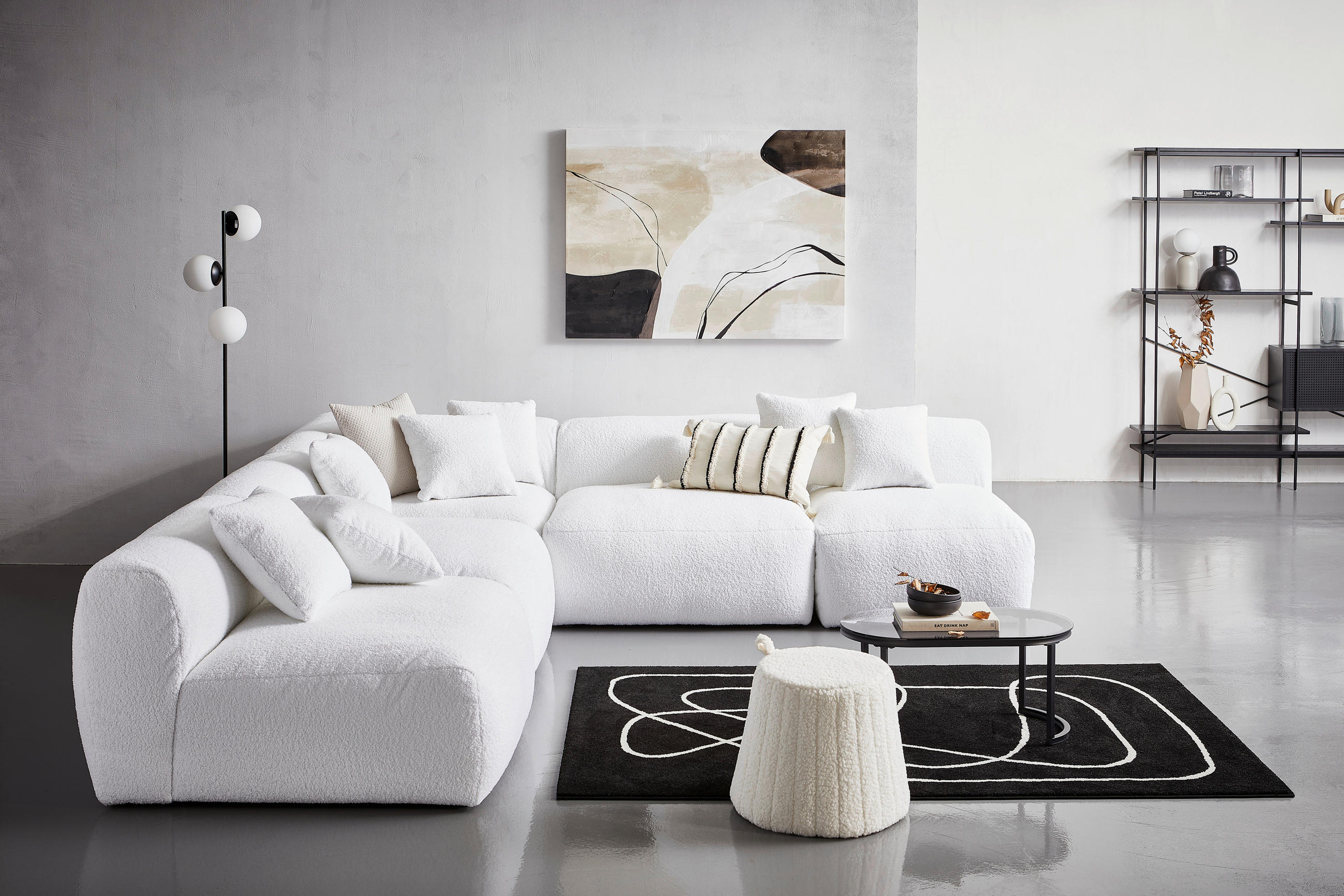 ECKSOFA in Flachgewebe, Teddystoff Weiss  - Weiss, Trend, Textil (315/300cm) - Livetastic