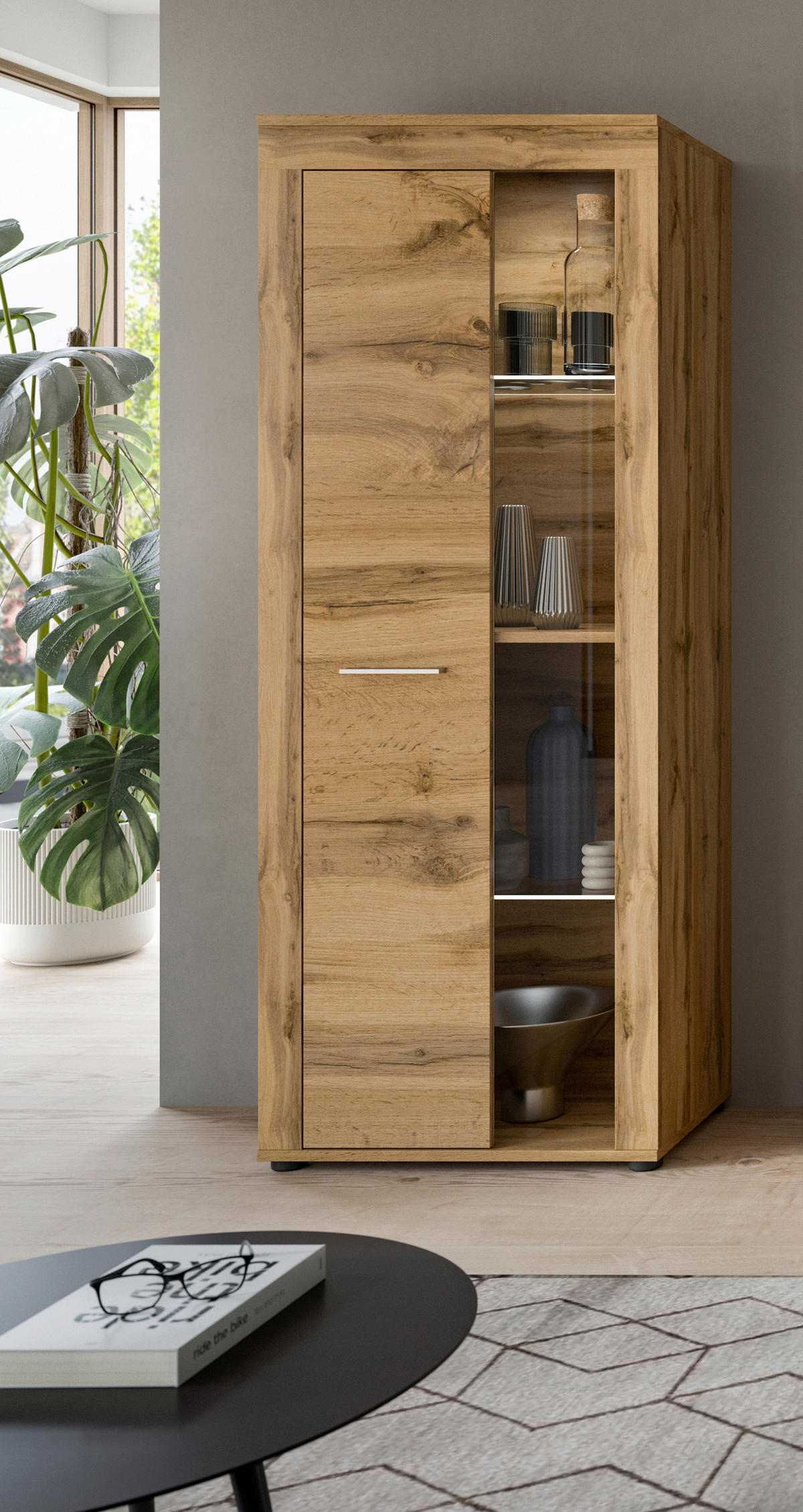 VITRINE in Eiche Wotan  - Eiche Wotan/Silberfarben, Design, Glas/Holzwerkstoff (60/159/35cm) - MID.YOU