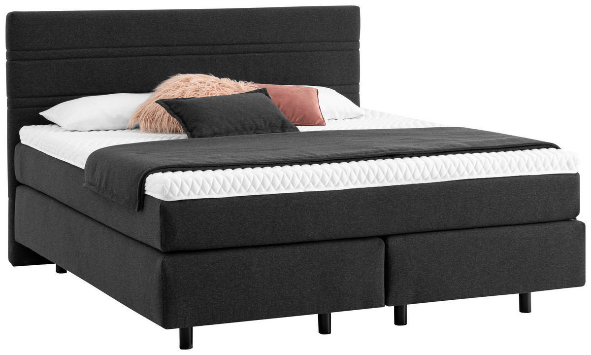 BOXSPRINGBETT 180/200 cm,  in Dunkelgrau, Matratze, Kissen, gepolstertes Kopfteil, Topper, H2 + H3 = mittel + fest  - Dunkelgrau/Schwarz, KONVENTIONELL, Holz/Textil (180/200cm) - Novel