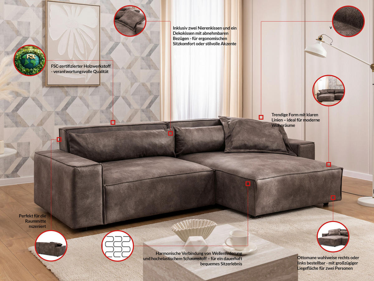 ECKSOFA Curduroy in Lederlook Graubraun Rückenkissen  251/142 cm  - Graubraun/Schwarz, Design, Kunststoff/Textil (251/142cm) - P & B
