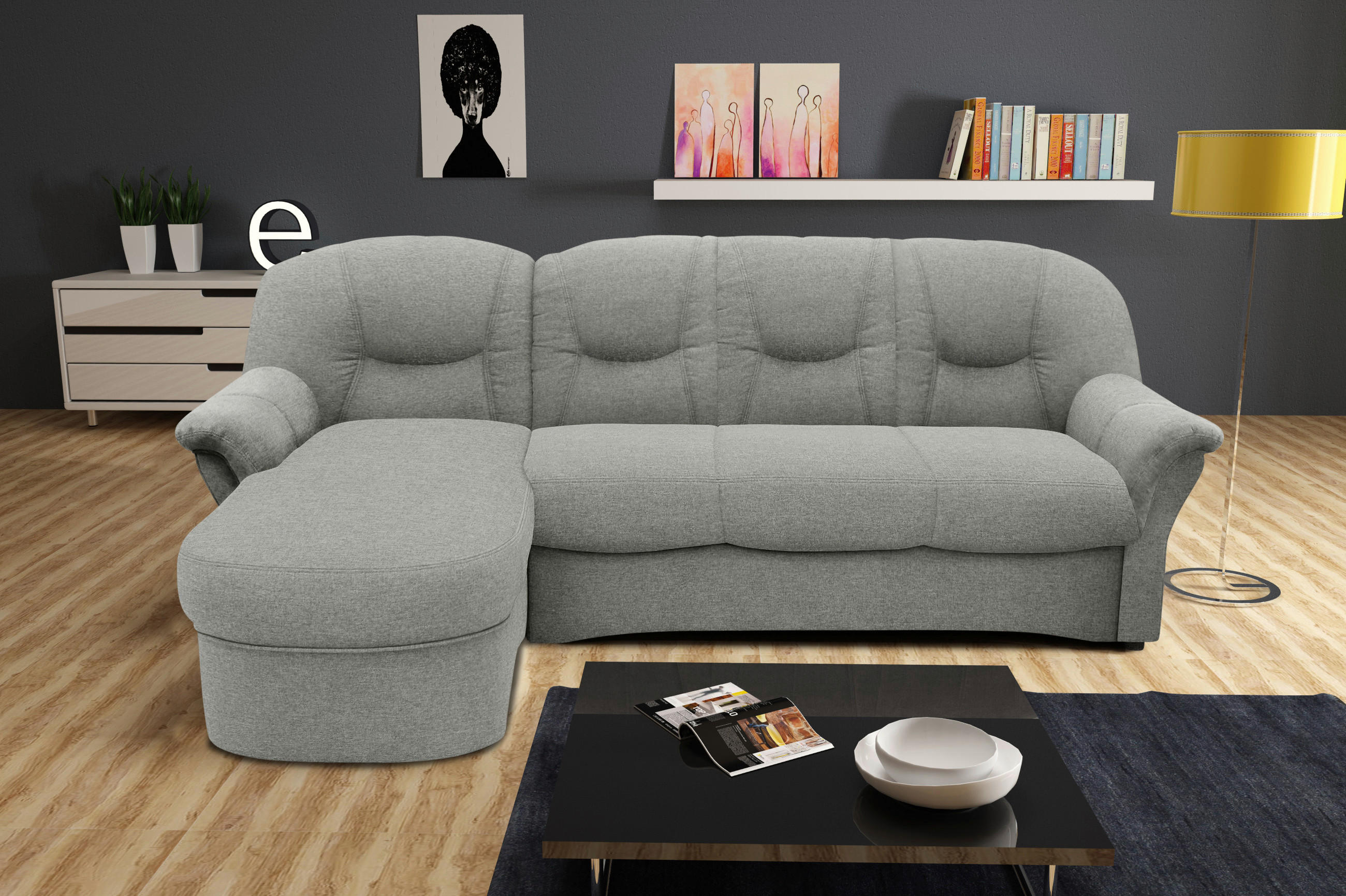 ECKSOFA Silberfarben Webstoff - Silberfarben/Schwarz, KONVENTIONELL, Kunststoff/Textil (142/233cm) - MID.YOU