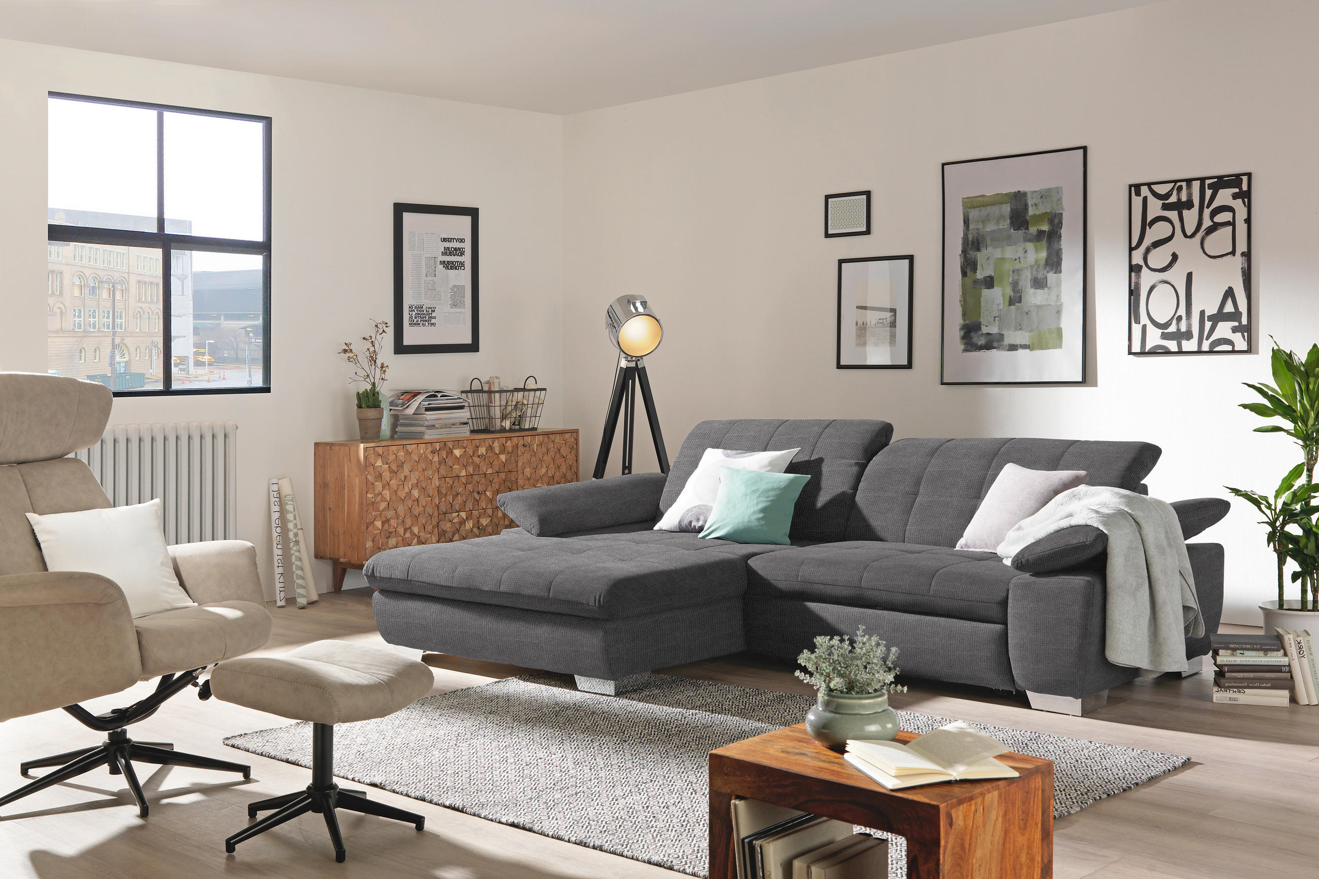 ECKSOFA in Mikrofaser Dunkelgrau  - Chromfarben/Dunkelgrau, Design, Textil/Metall (180/265cm) - Carryhome