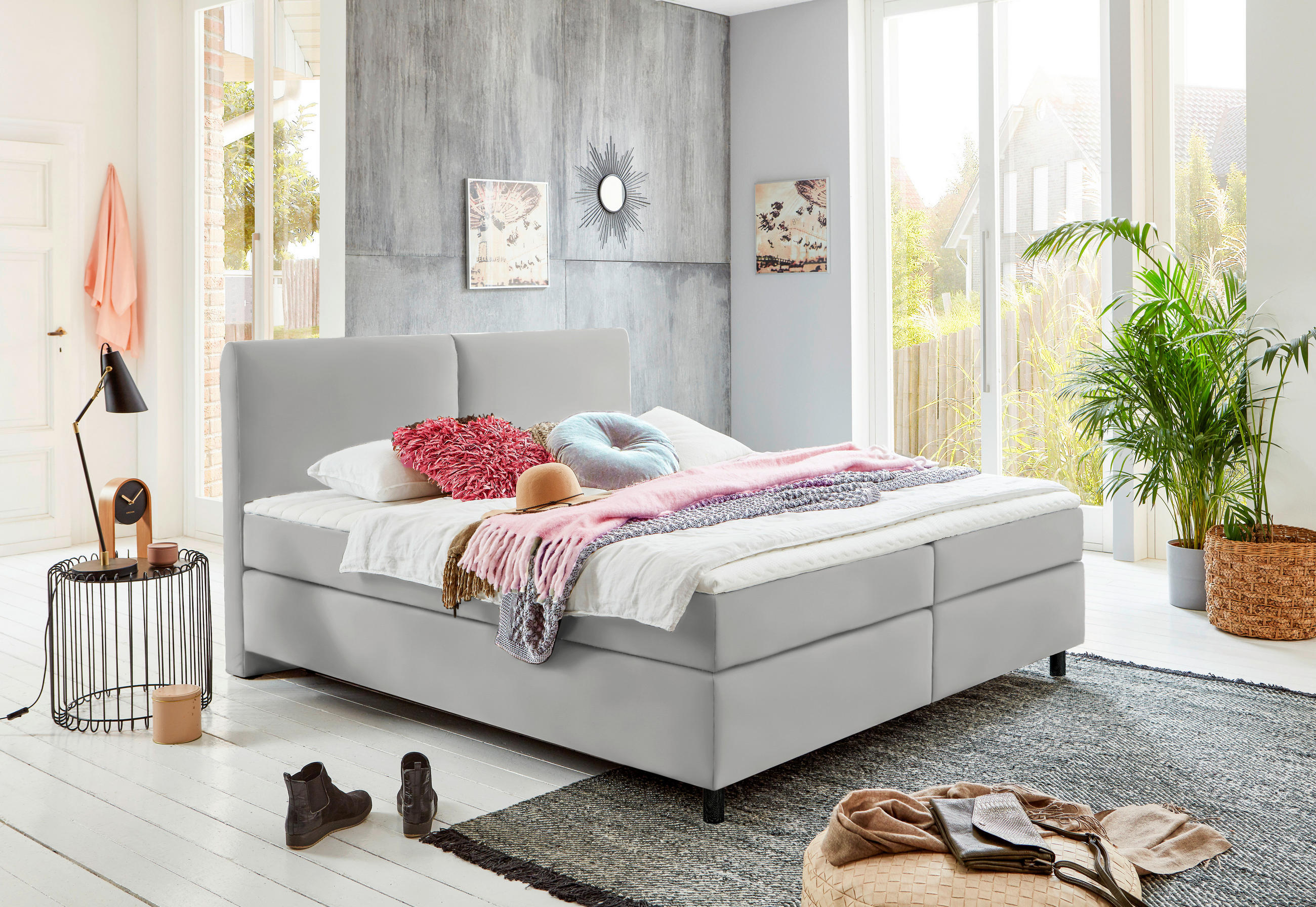 BOXSPRINGBETT 200/200 cm  in Hellgrau  - Hellgrau/Schwarz, Konventionell, Kunststoff/Textil (200/200cm) - Hom`in