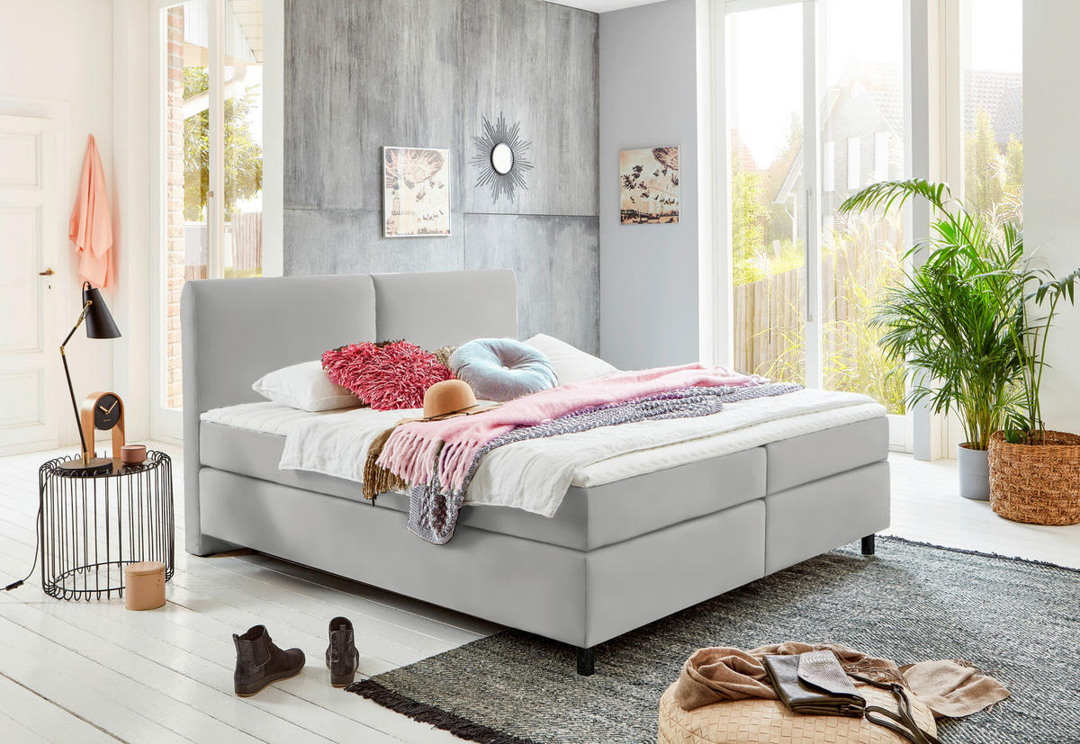 BOXSPRINGBETT 180/200 cm  in Hellgrau  - Hellgrau/Schwarz, Konventionell, Kunststoff/Textil (180/200cm) - Hom`in