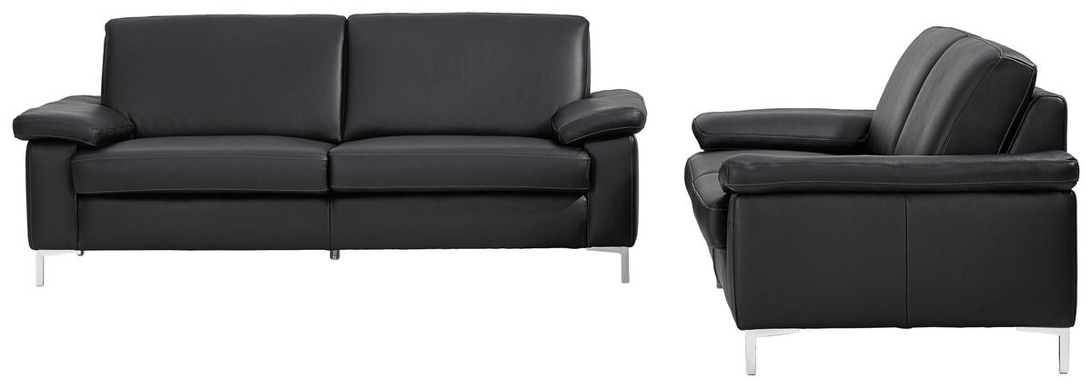 SITZGARNITUR Schwarz Echtleder  - Silberfarben/Schwarz, KONVENTIONELL, Leder/Metall (180/200/82/94cm) - Musterring