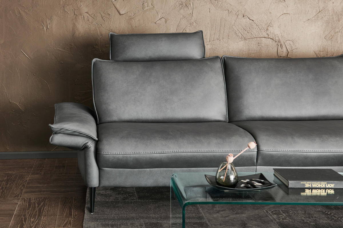 ECKSOFA in Echtleder Anthrazit  - Anthrazit/Schwarz, Design, Leder/Metall (334/172cm) - Hukla