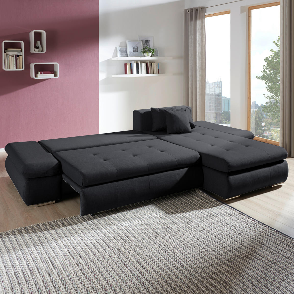 ECKSOFA in Webstoff Anthrazit  - Chromfarben/Anthrazit, Design, Kunststoff/Textil (302/187cm) - Carryhome