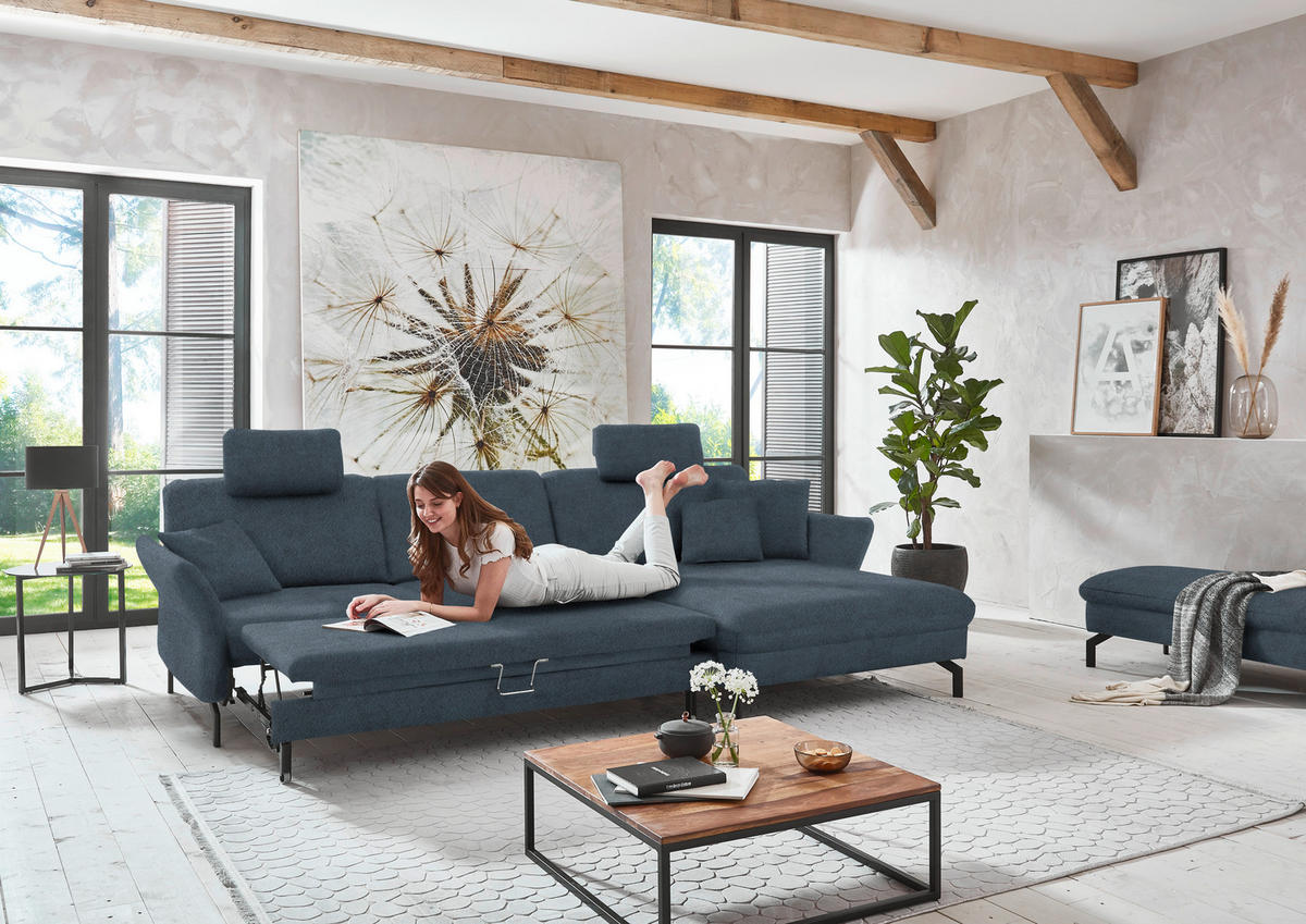 ECKSOFA in Velours Blaugrau  - Blaugrau/Schwarz, Design, Textil/Metall (306/179cm) - Beldomo System