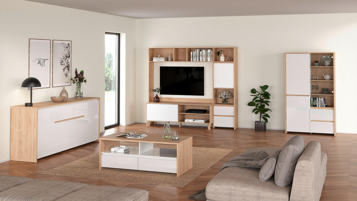 SIDEBOARD  in 197/84/48 cm  - Weiß Hochglanz/Eichefarben, KONVENTIONELL, Holzwerkstoff (197/84/48cm) - Boxxx