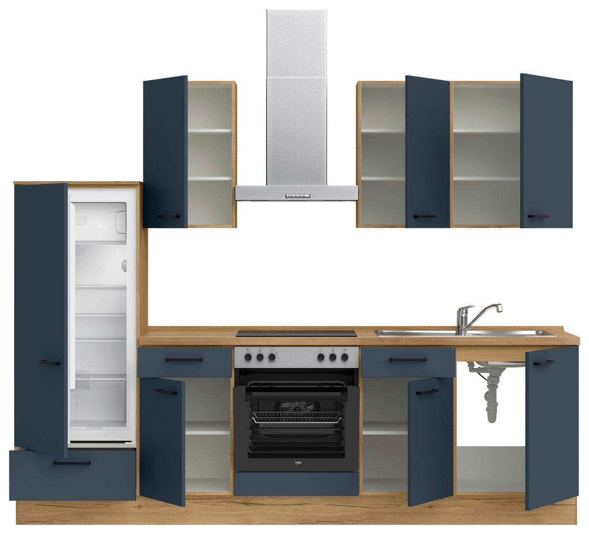 KÜCHENBLOCK Easytouch 270 cm  in Blau, Eichefarben  - Blau/Eichefarben, MODERN, Holzwerkstoff/Metall (270cm) - Nobilia