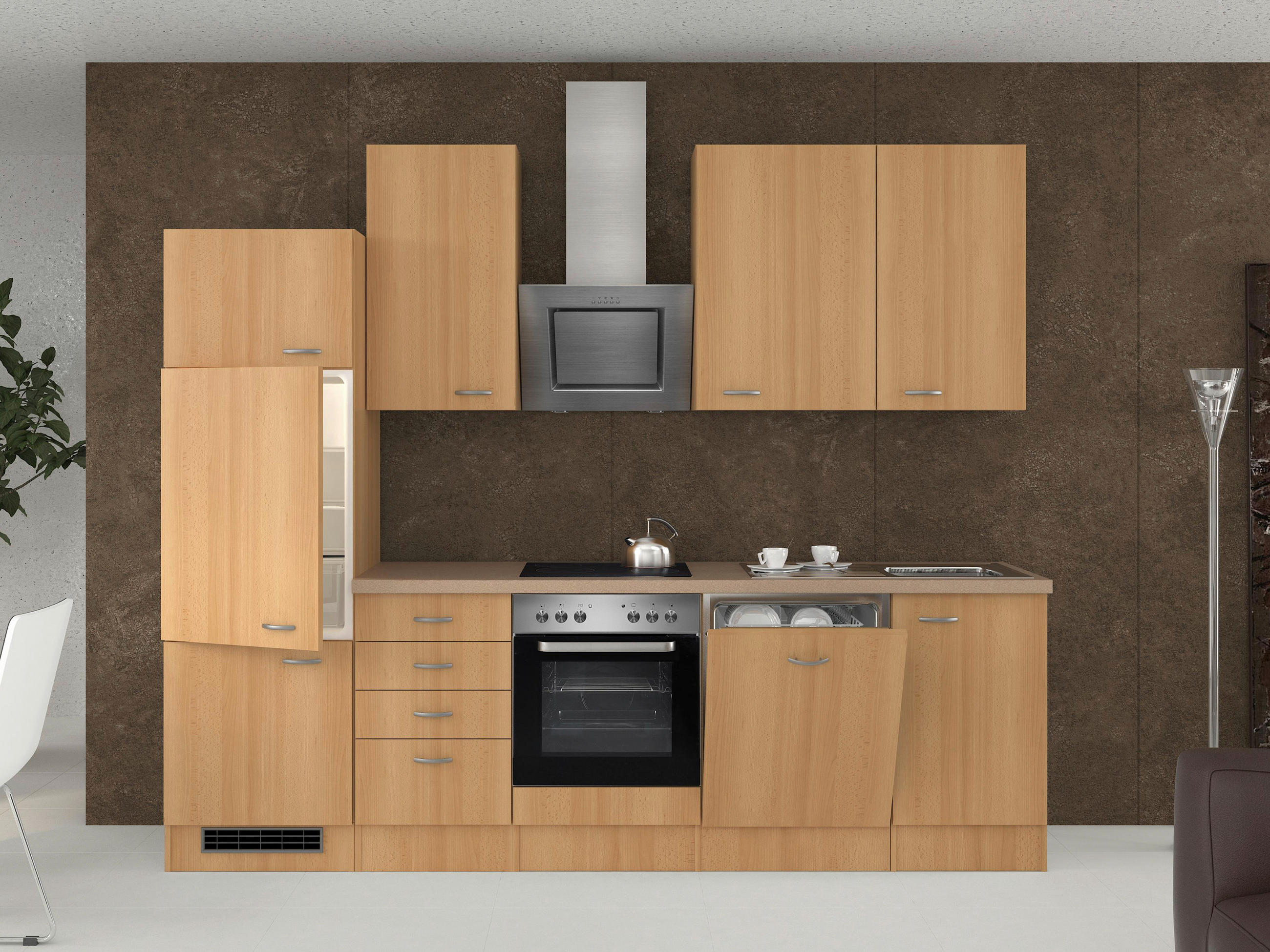KÜCHENBLOCK 280 cm in Buchefarben - Edelstahlfarben/Beige, MODERN, Holzwerkstoff/Kunststoff (280cm) - FlexWell